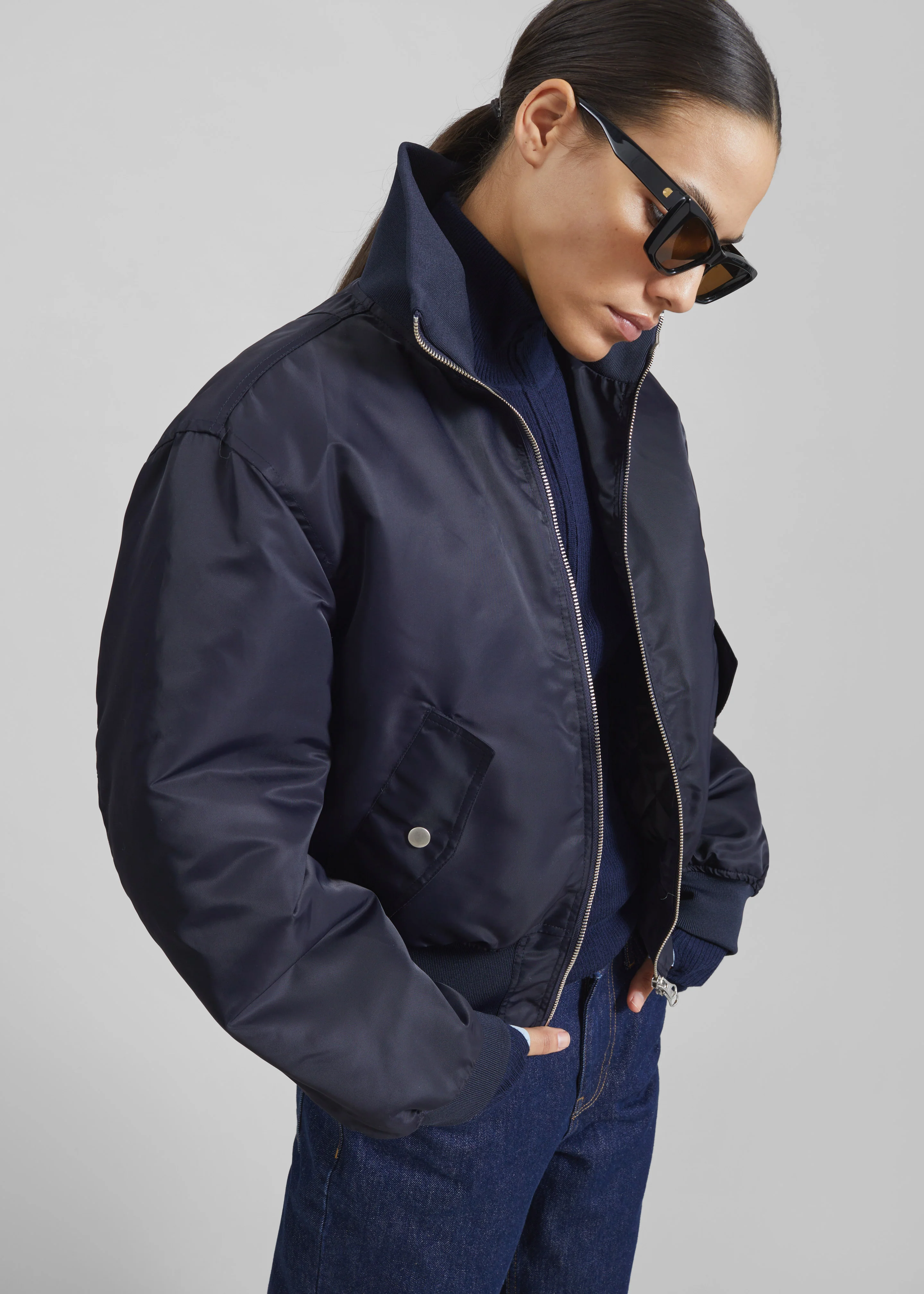Maloy Cropped Bomber Jacket - Navy - Image 5