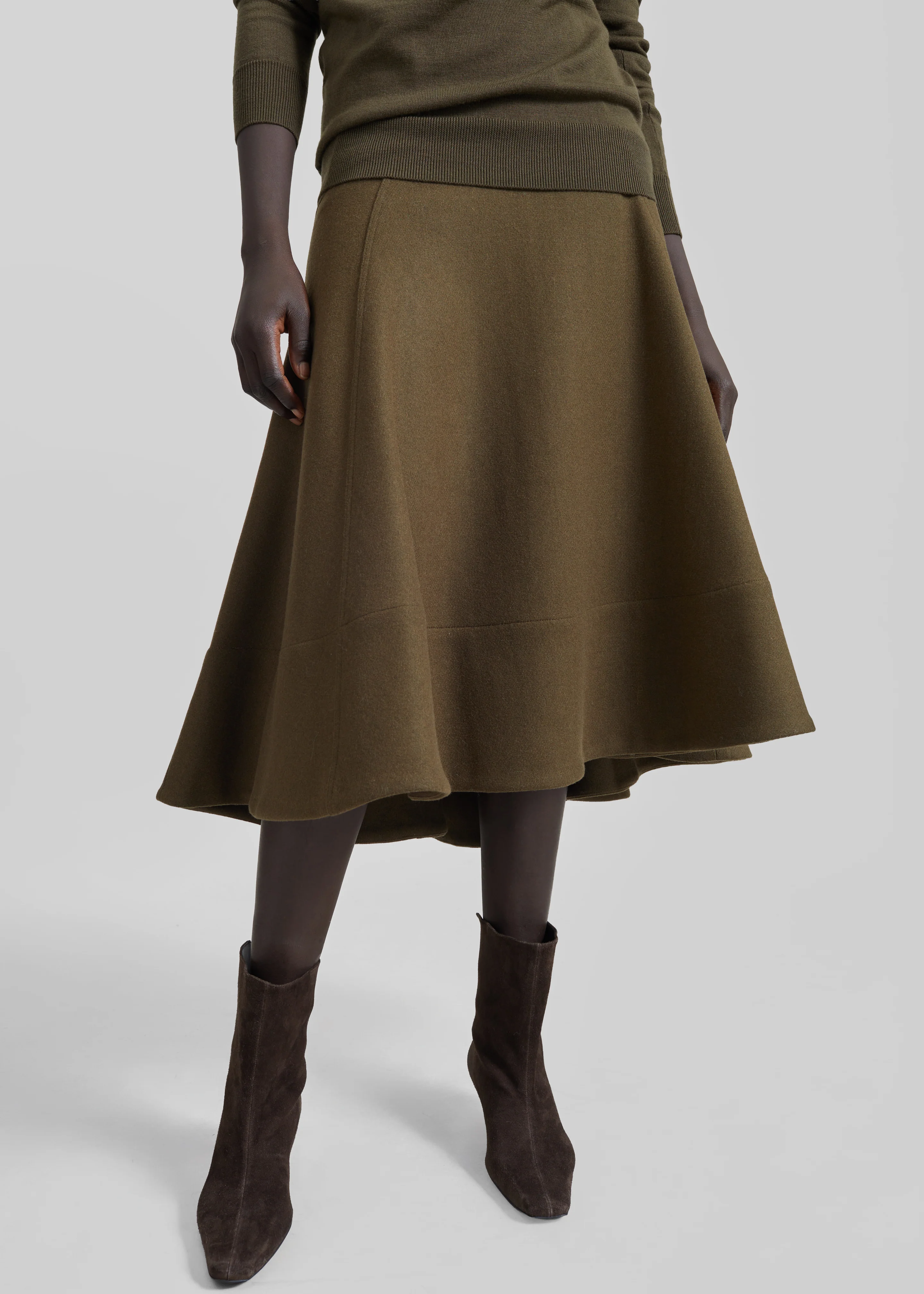 Manali Flared Midi Skirt - Olive Brown - Image 2