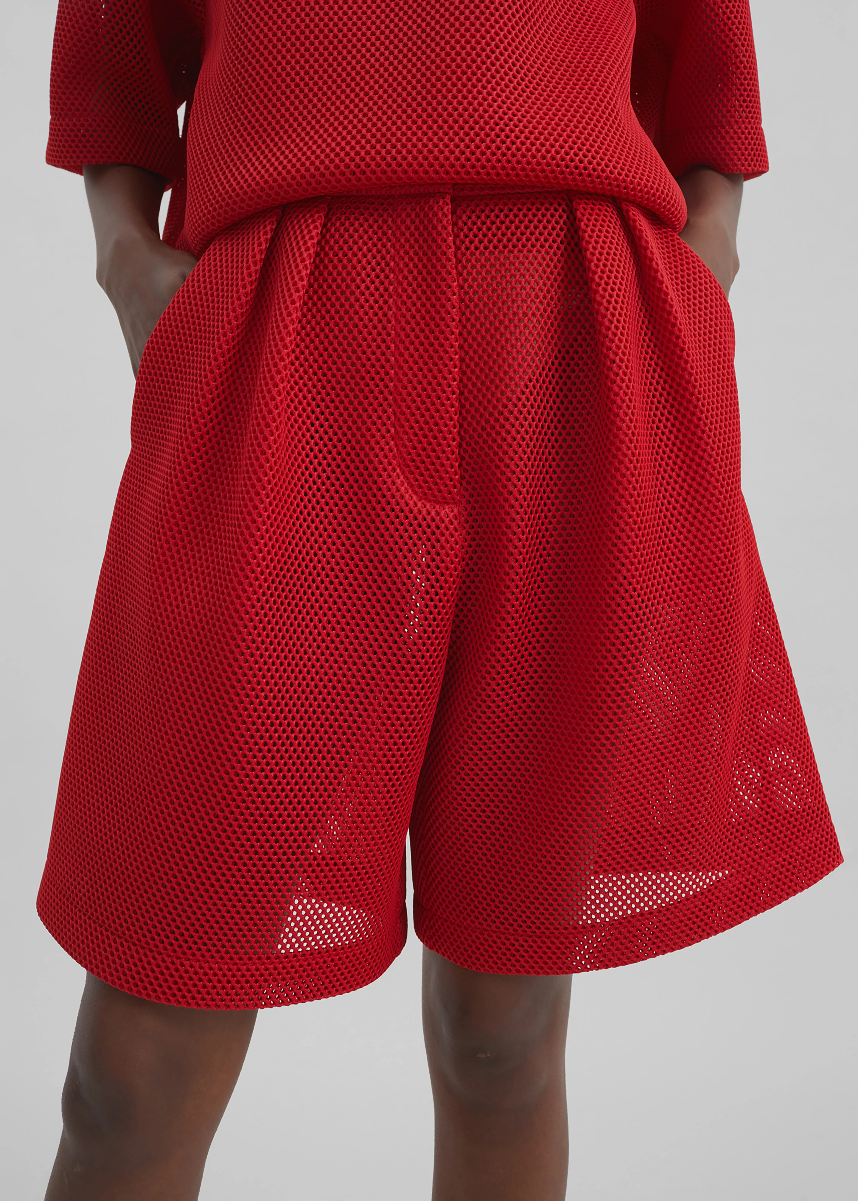 Marfa Mesh Pleated Bermuda Shorts - Red - Image 3