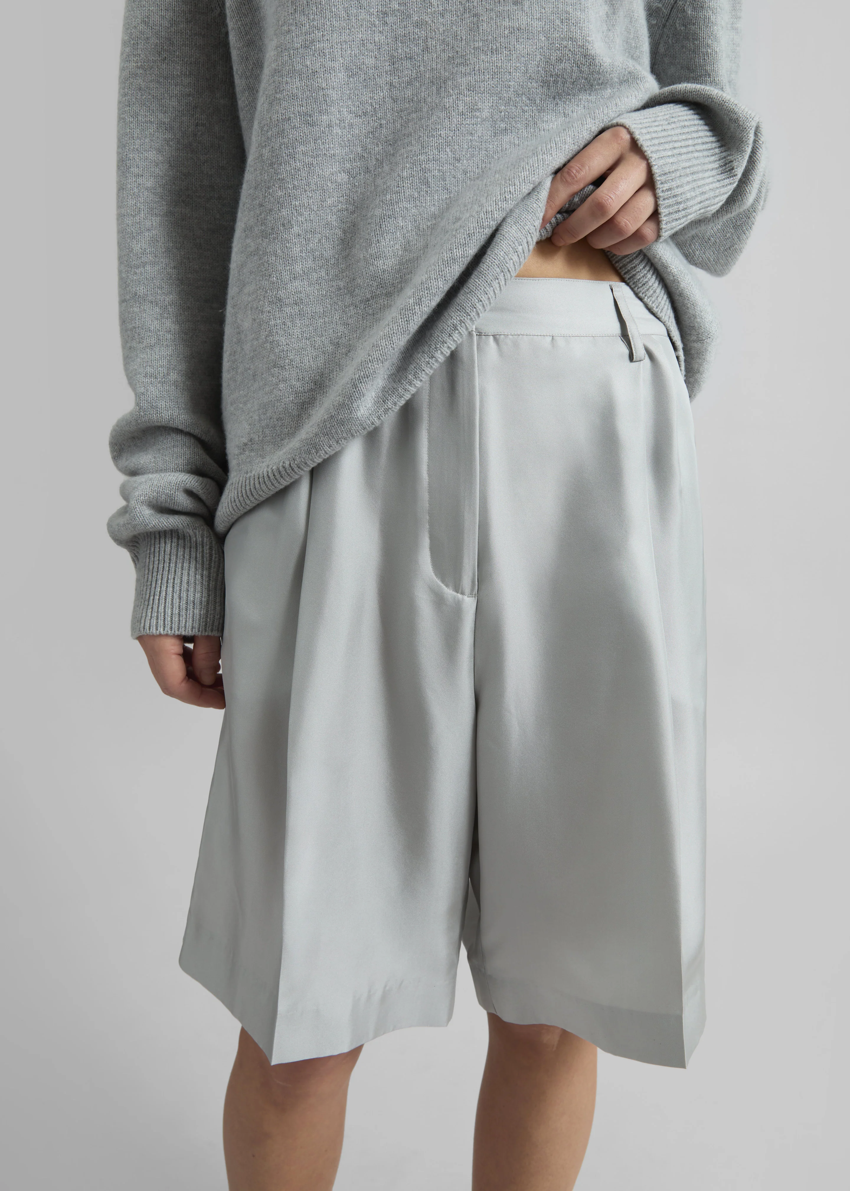 Marfa Pleated Silk Bermuda Shorts - Grey - Image 2