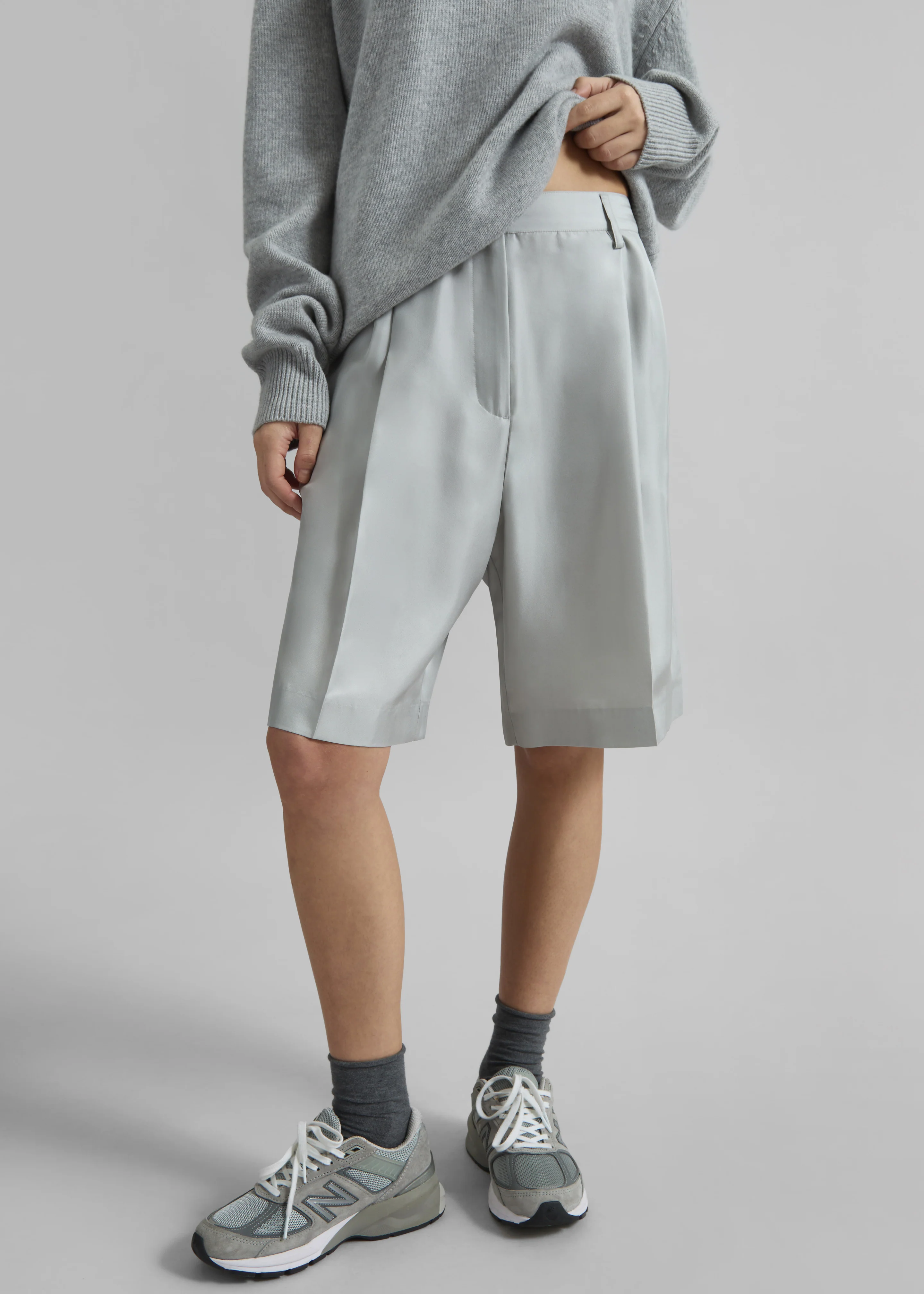 Marfa Pleated Silk Bermuda Shorts - Grey - Image 3