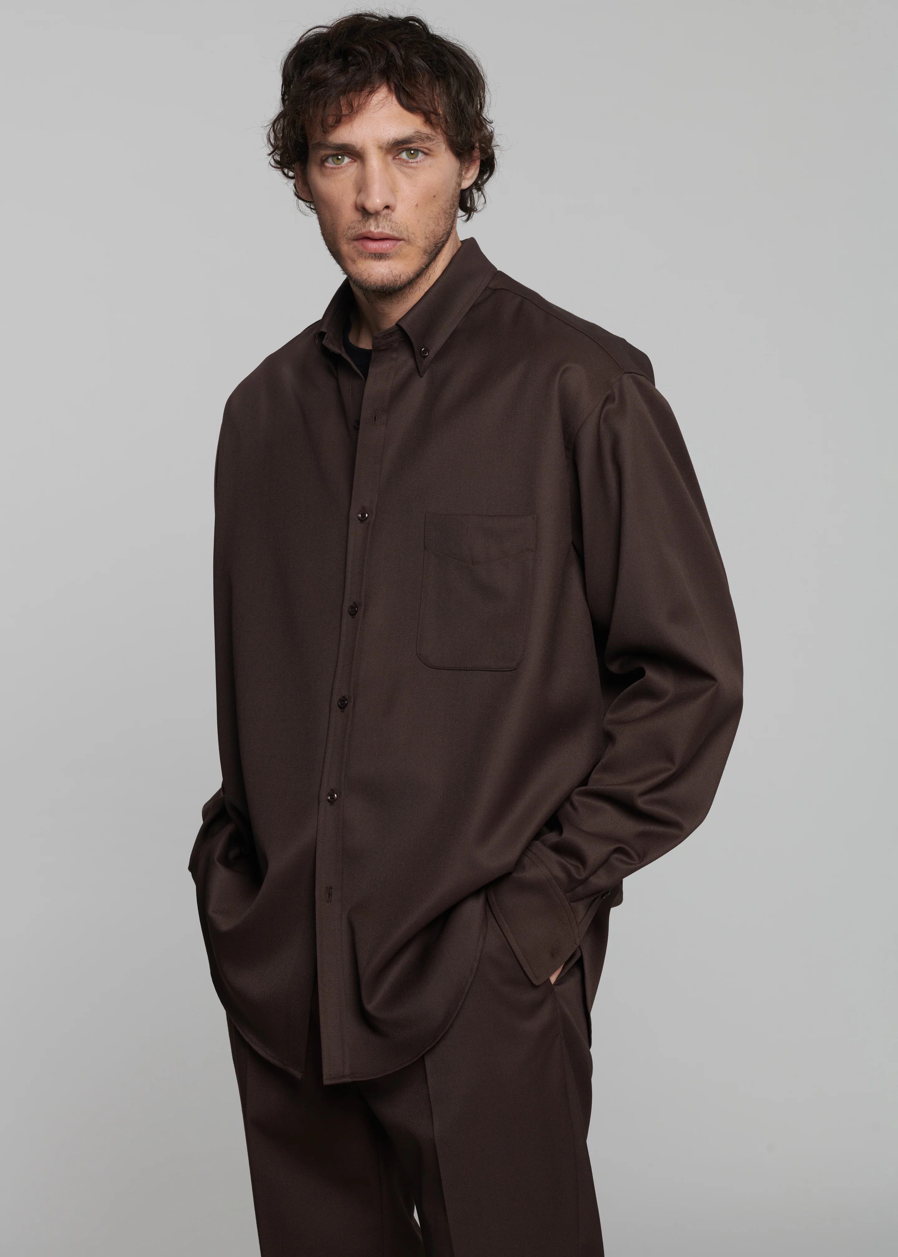 Mason Wool Button Up Shirt - Brown - Image 4