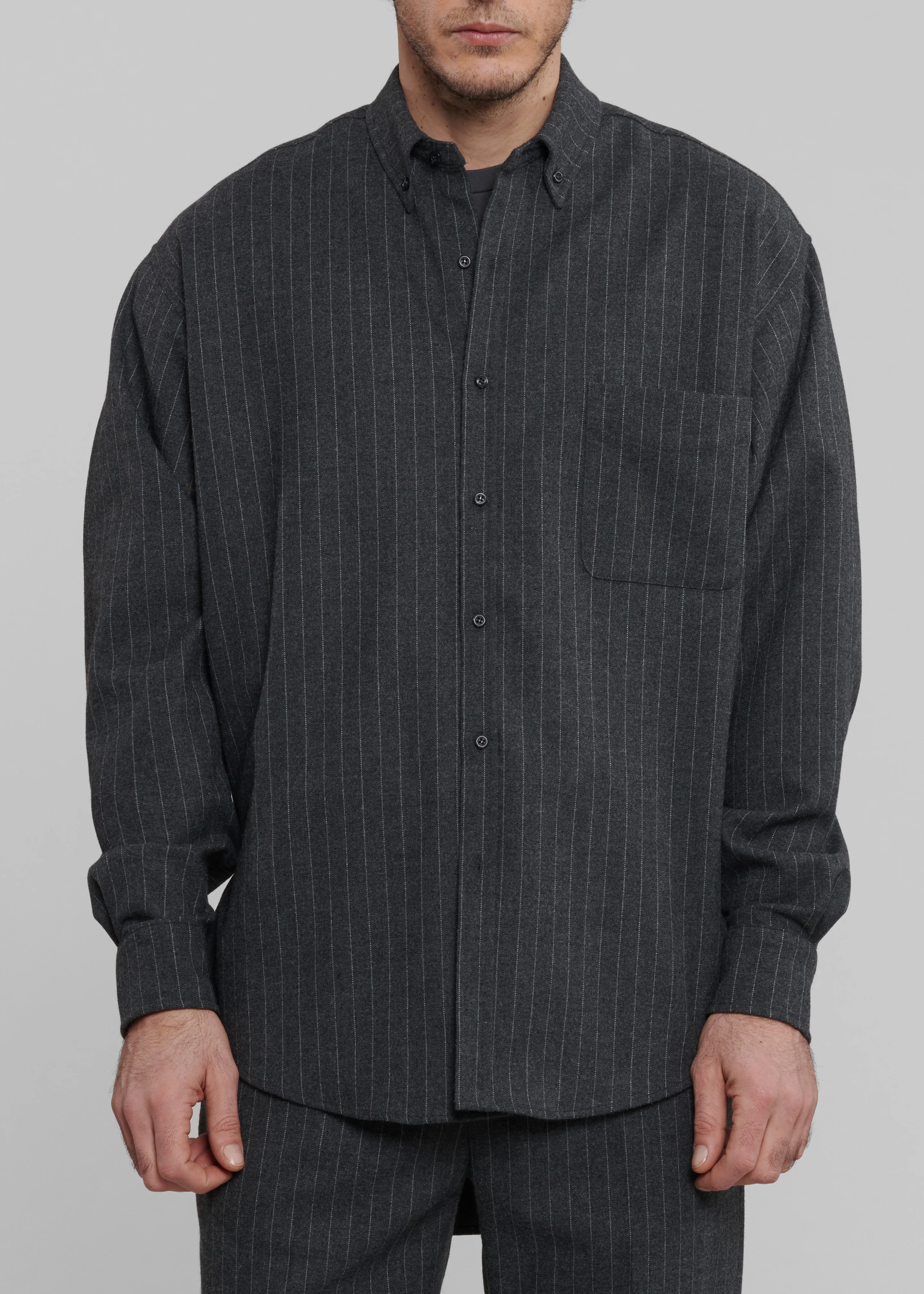 Mason Wool Button Up Shirt - Dark Grey/White Pinstripe - Image 3