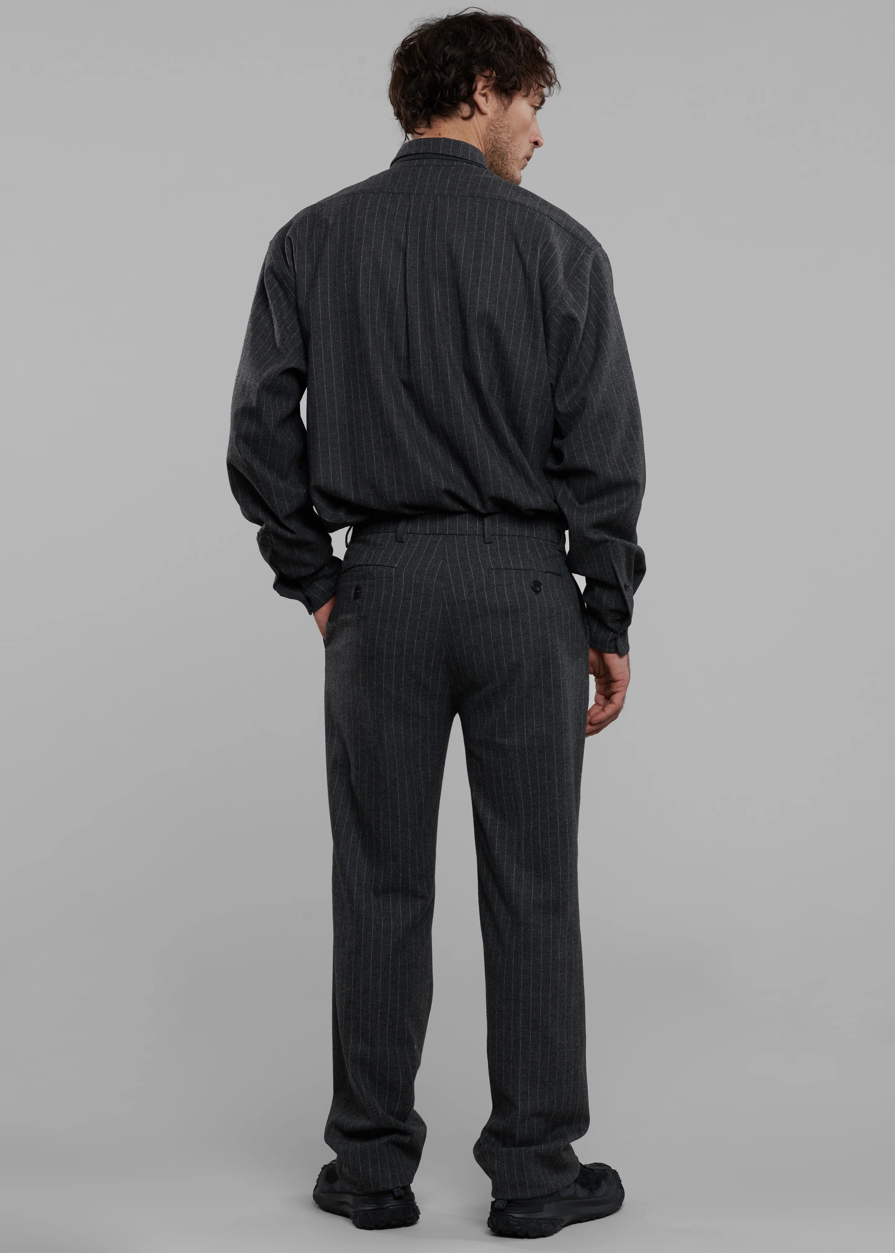 Mason Wool Button Up Shirt - Dark Grey/White Pinstripe - Image 7