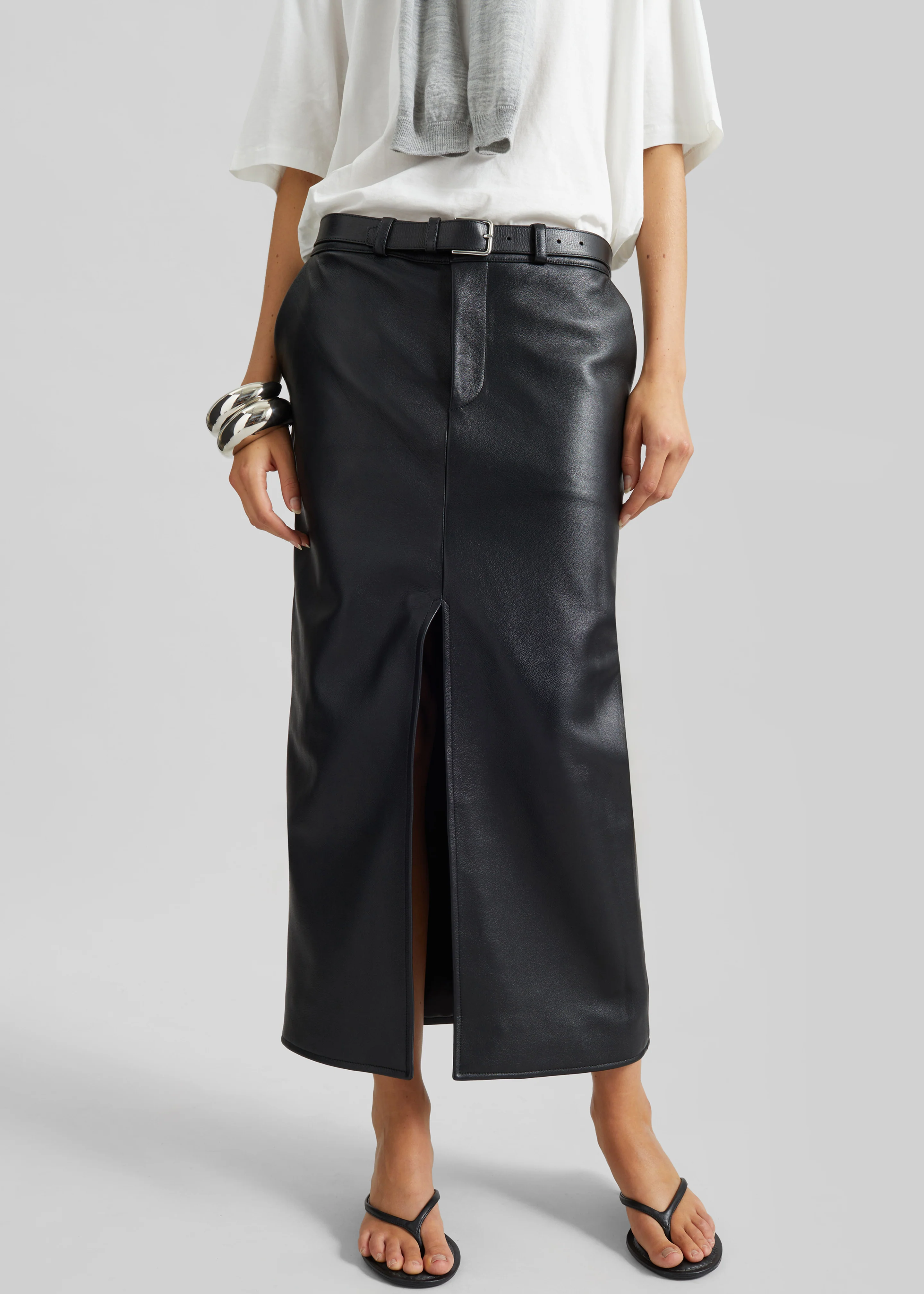 Maybelle Faux Leather Front Slit Pencil Skirt - Black - Image 5