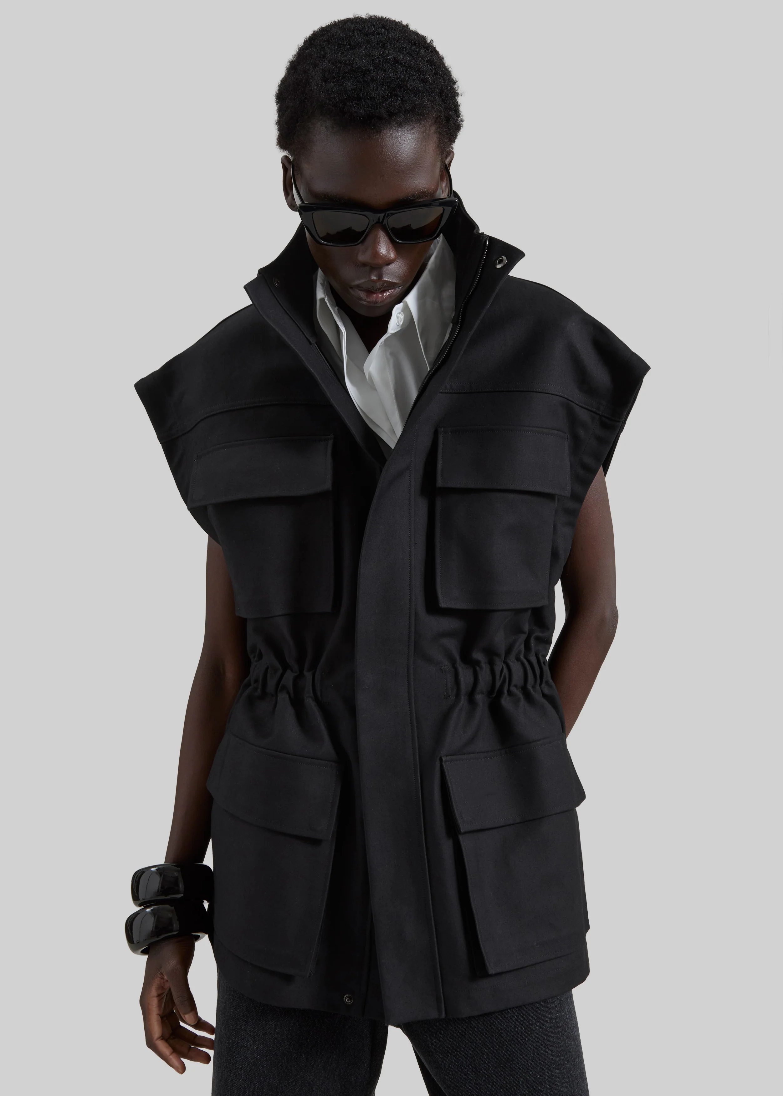 Melton Detachable Sleeve Cargo Jacket - Black - Image 5