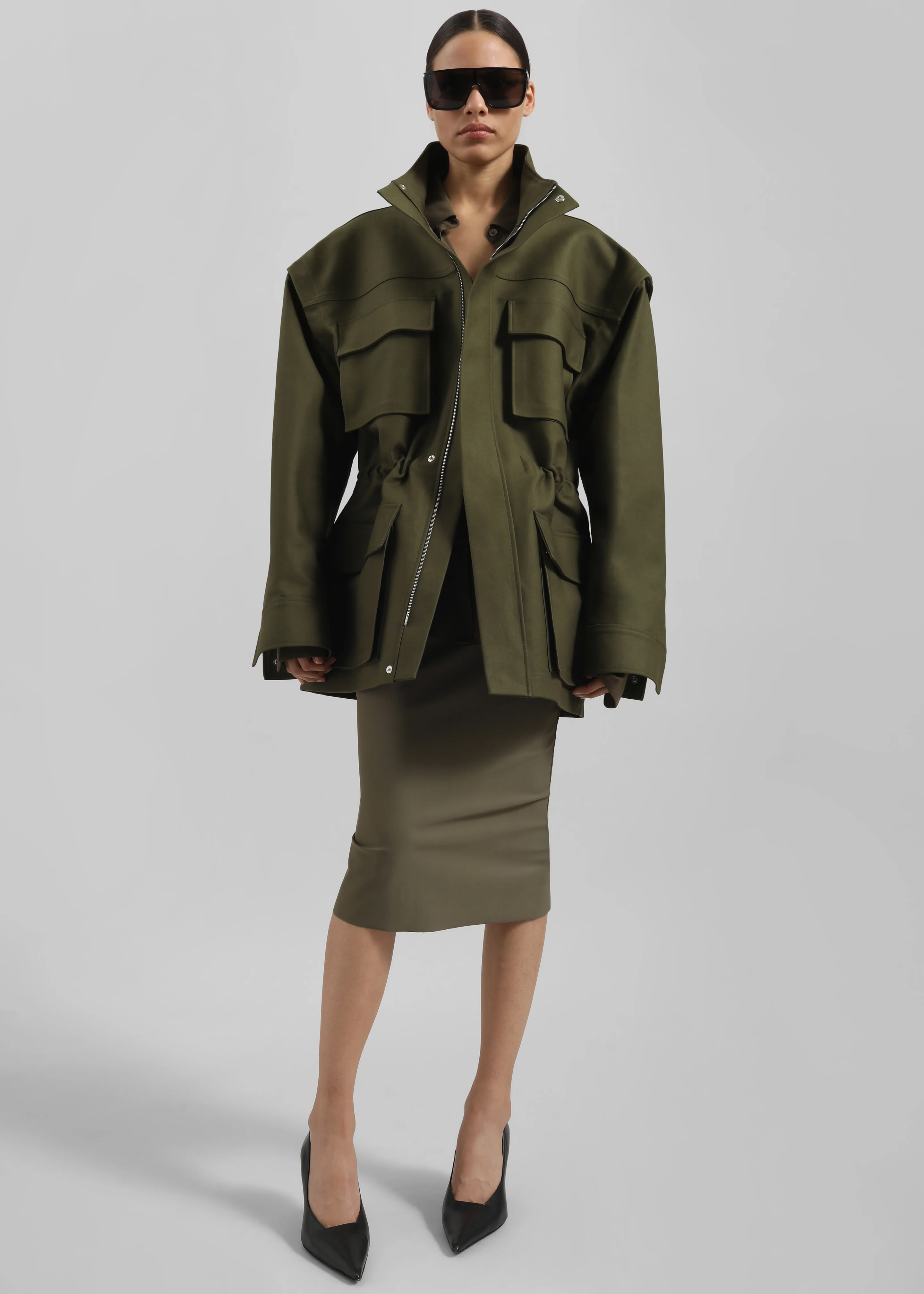 Melton Detachable Sleeve Cargo Jacket - Khaki - Image 2