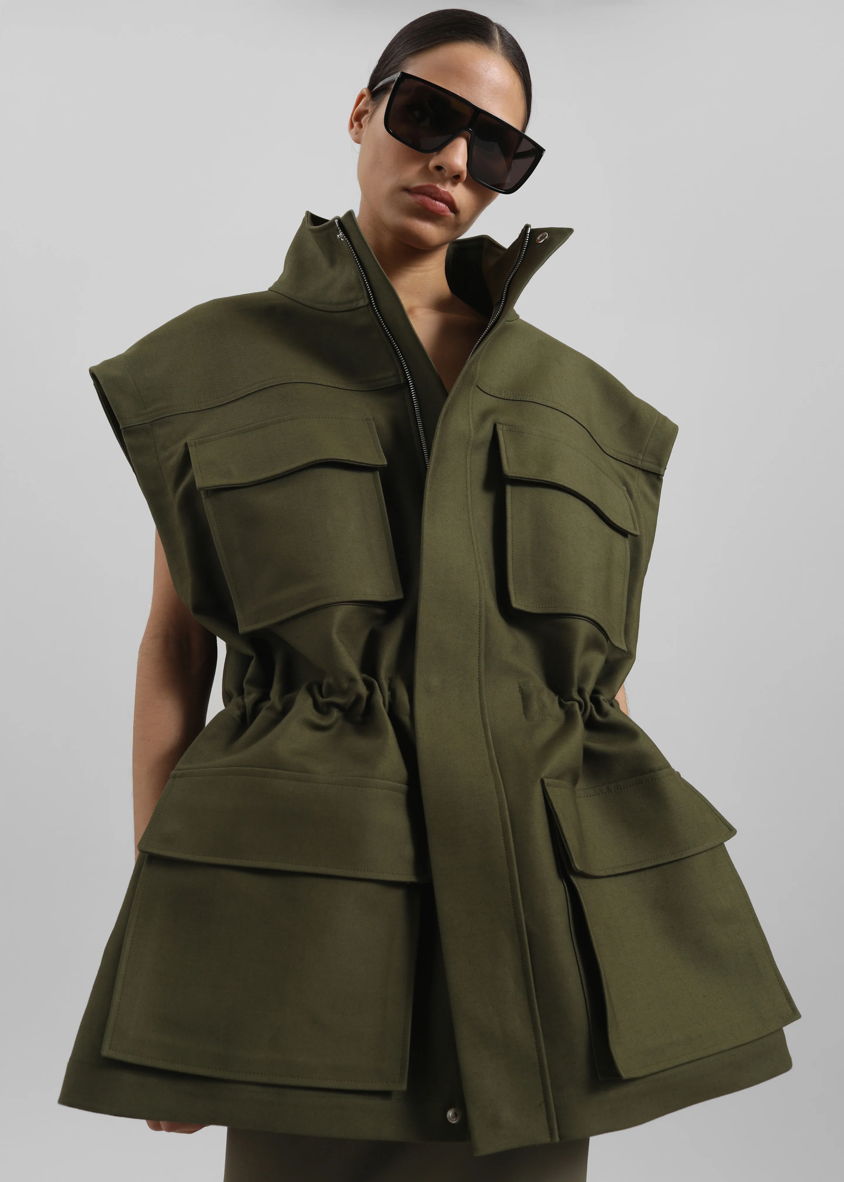 Melton Detachable Sleeve Cargo Jacket - Khaki - Image 6
