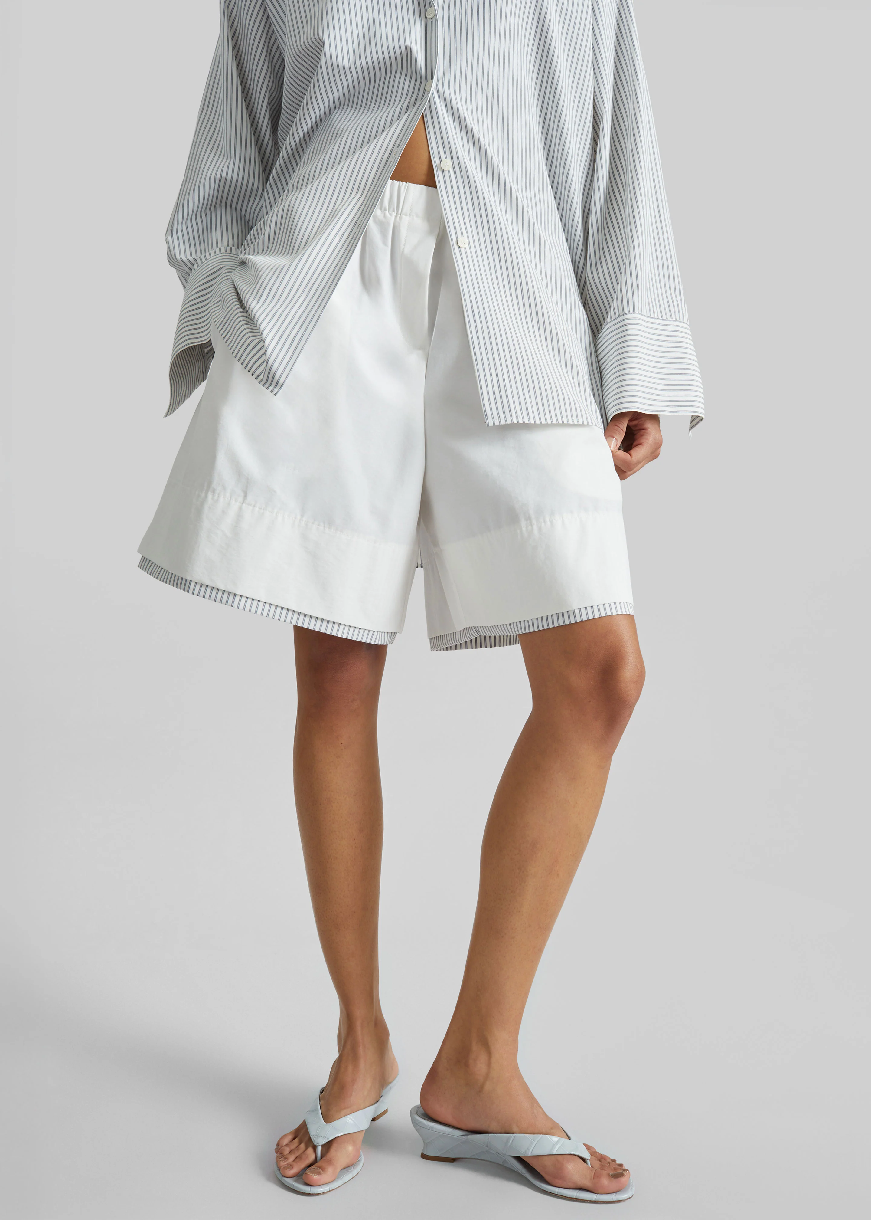 Menton Layered Hem Shorts - White/Blue Stripe - Image 2