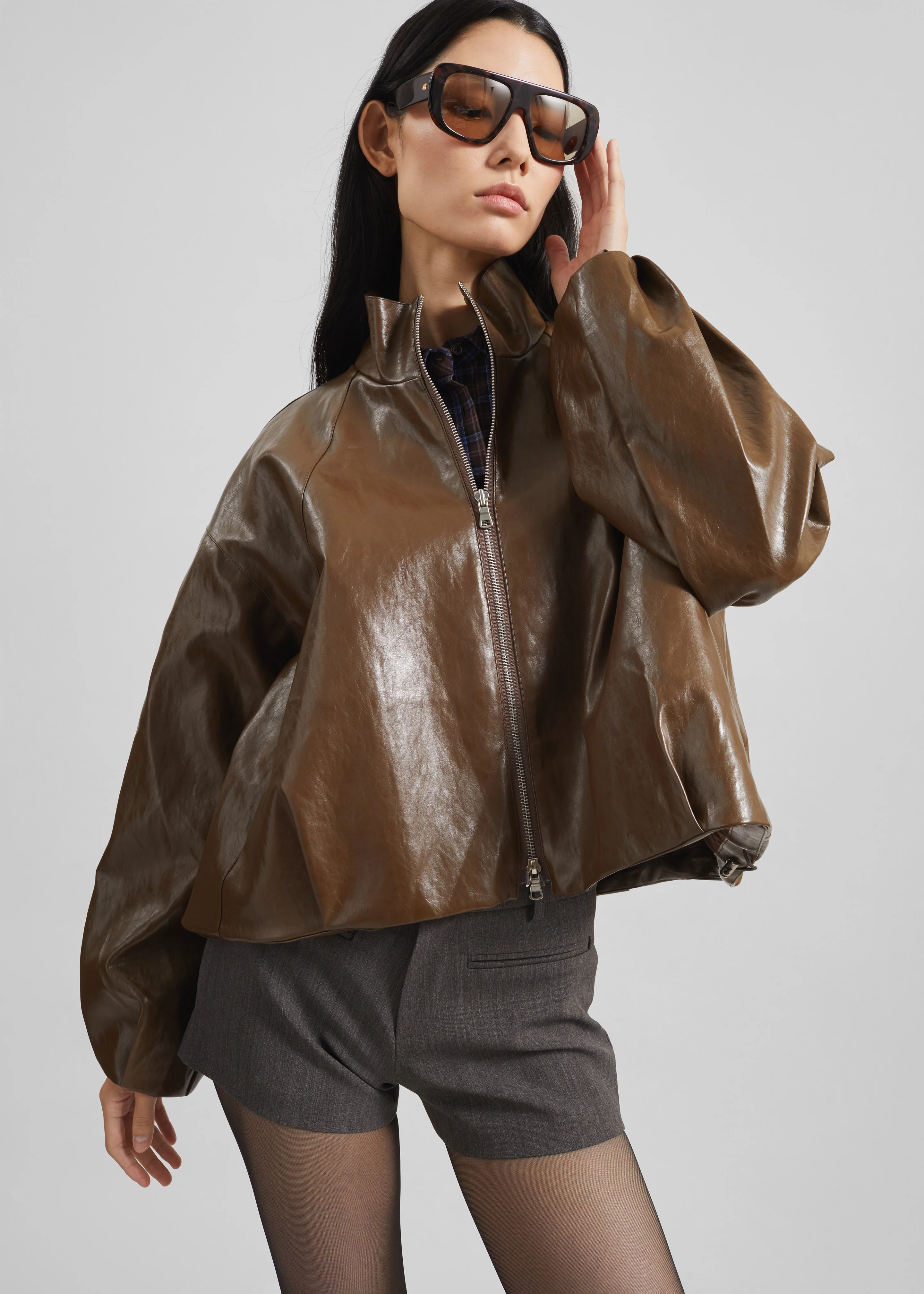 Milford Faux Leather Balloon Jacket - Brown - Image 4
