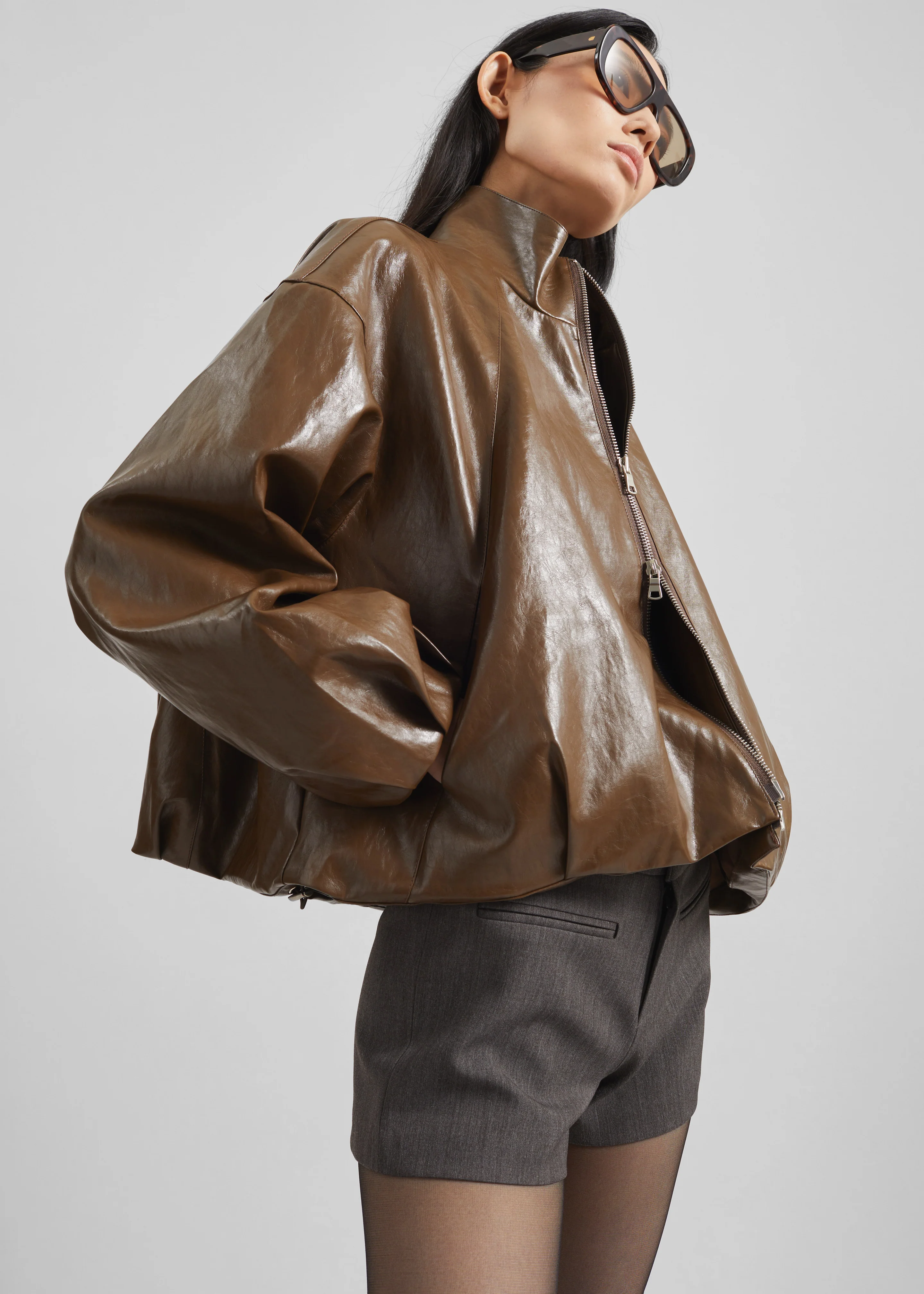 Milford Faux Leather Balloon Jacket - Brown - Image 7