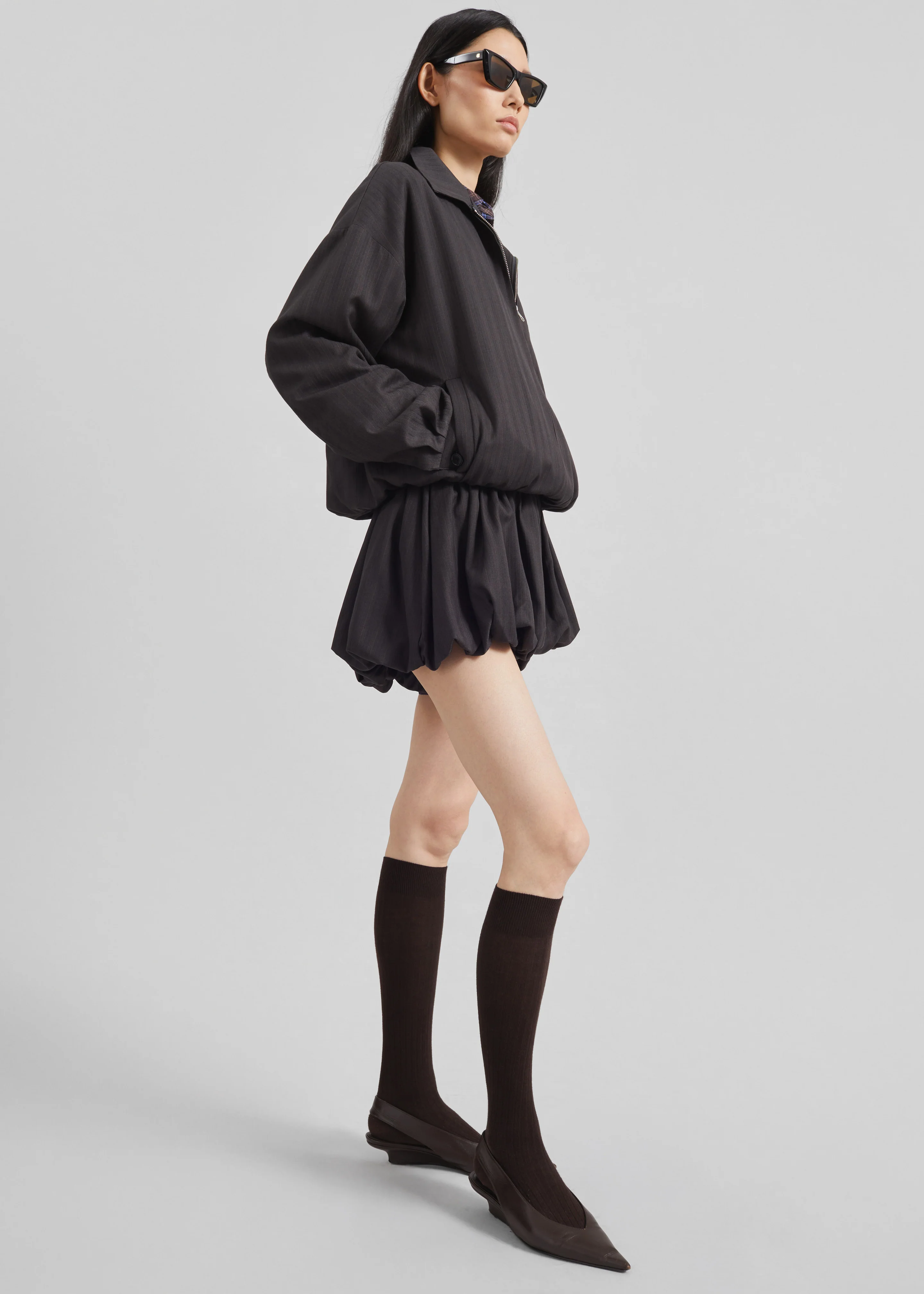 Minori Bubble-Hem Shorts - Charcoal/White Pinstripe