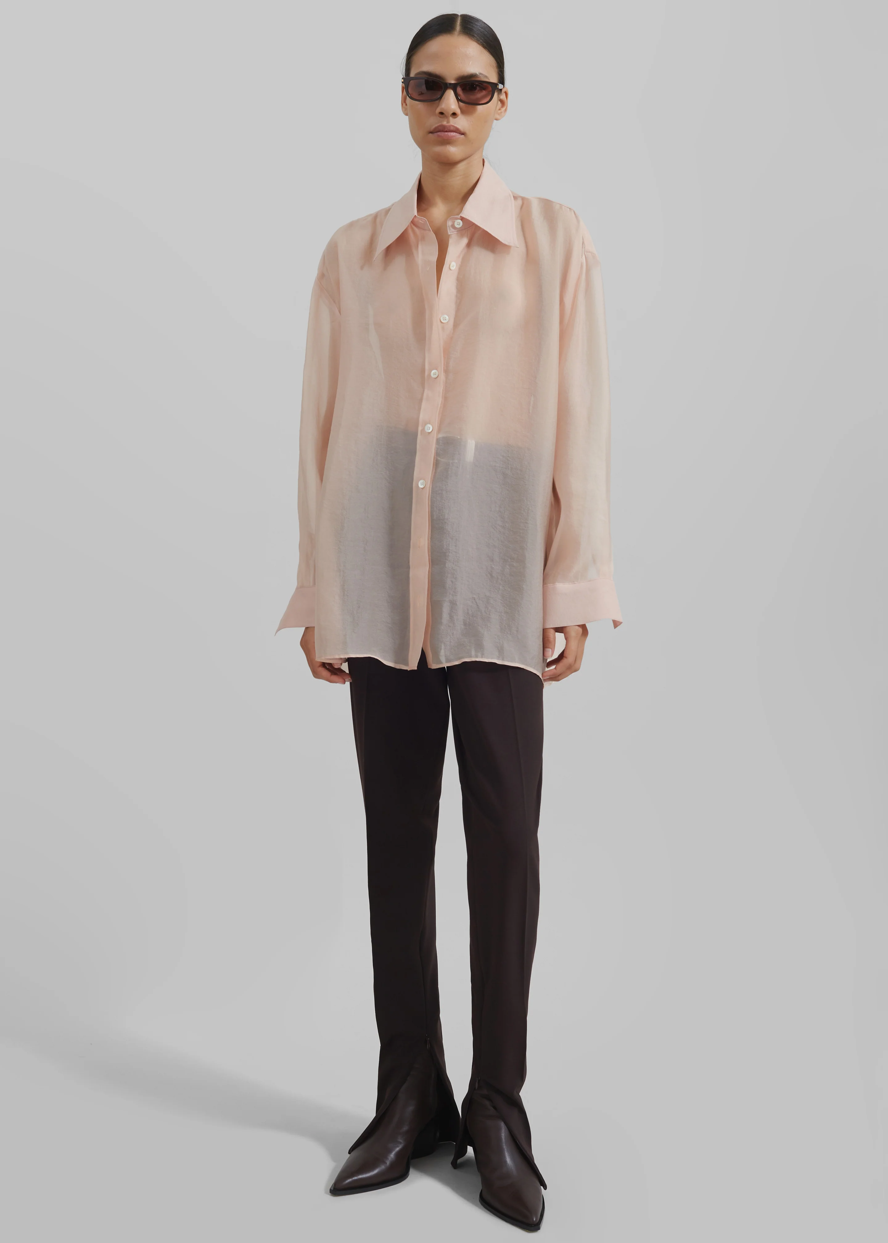 Nel Sheer Button Up Shirt - Pink - Image 5