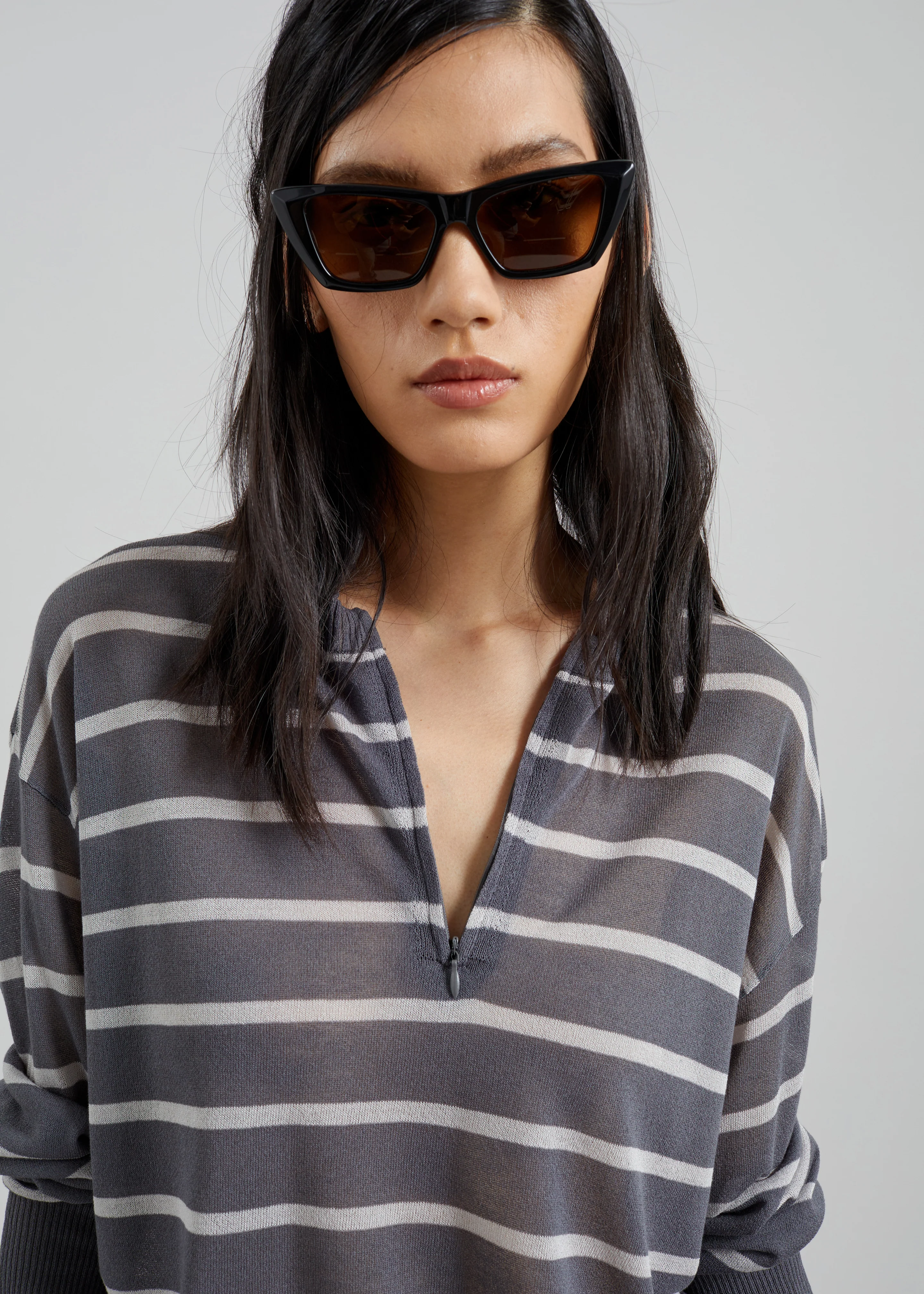 Nelas Knit Sheer Zip Pullover - Grey Stripe - Image 2