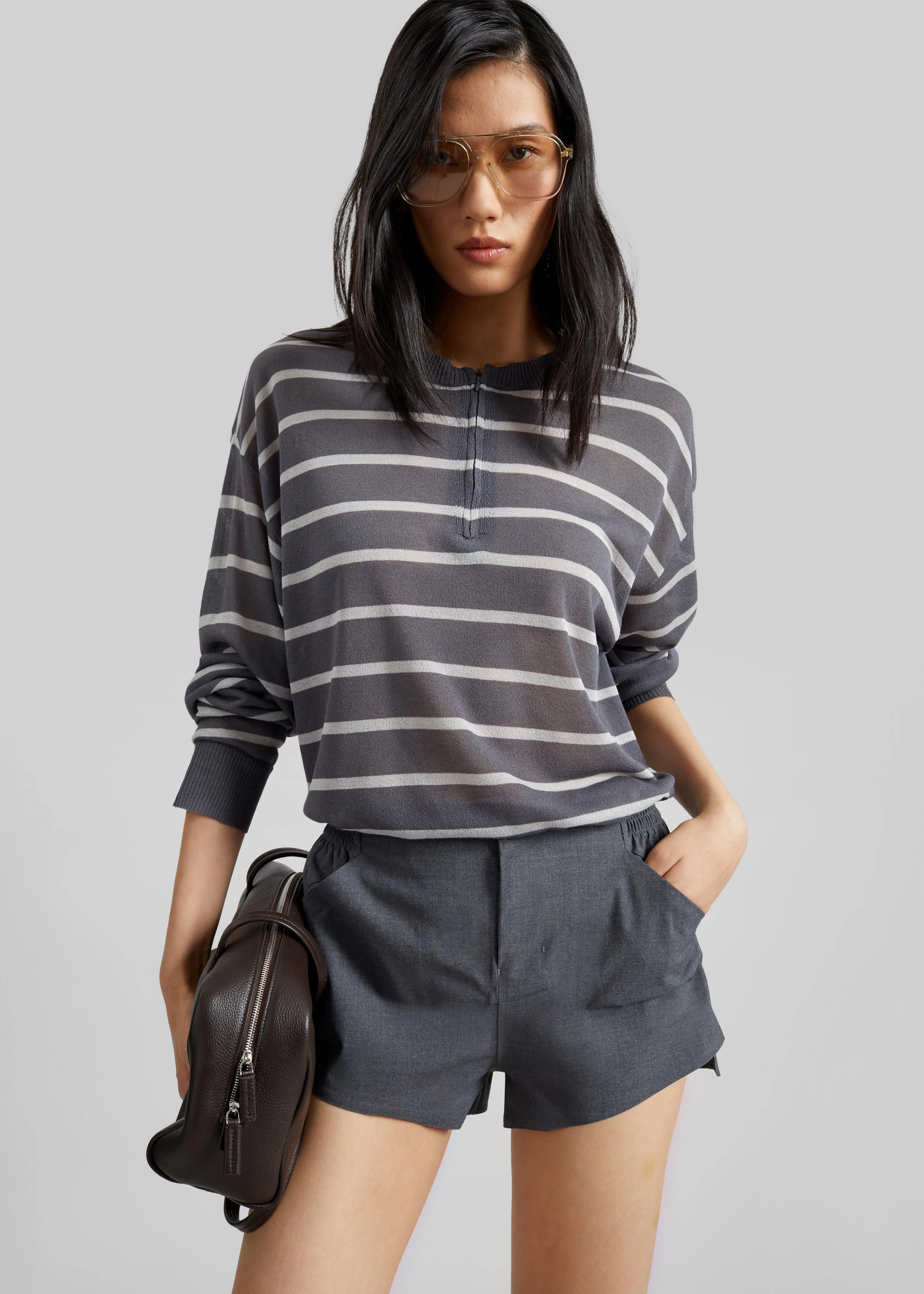 Nelas Knit Sheer Zip Pullover - Grey Stripe - Image 5