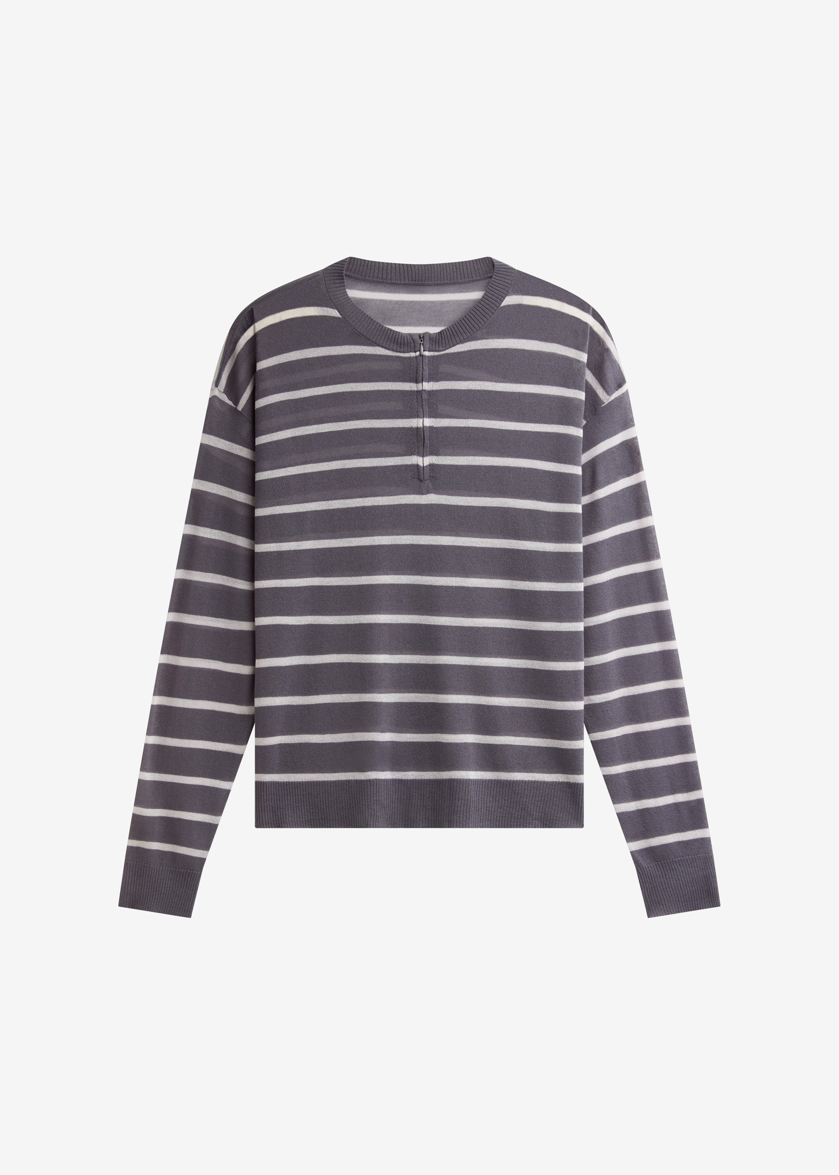 Nelas Knit Sheer Zip Pullover - Grey Stripe - Image 8