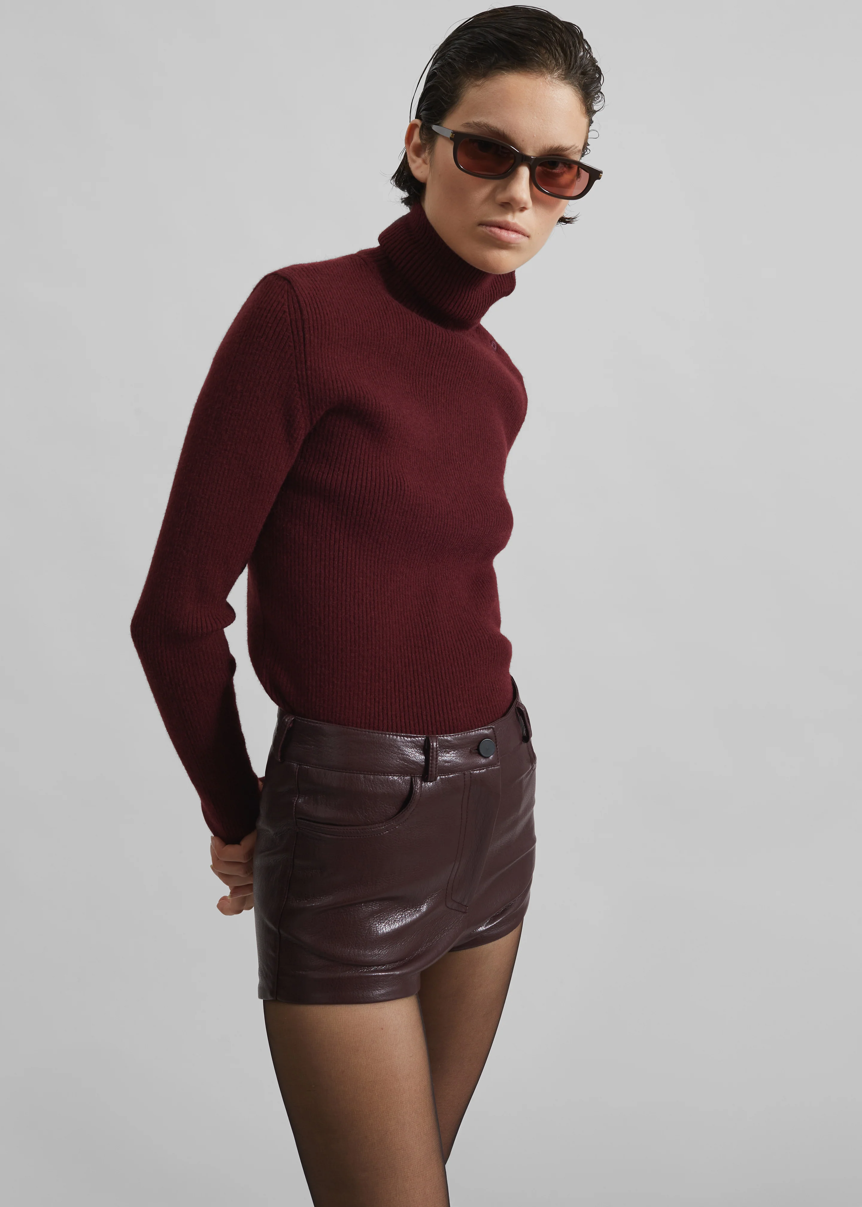 Nevis Faux Leather Hot Pants - Burgundy - Image 5