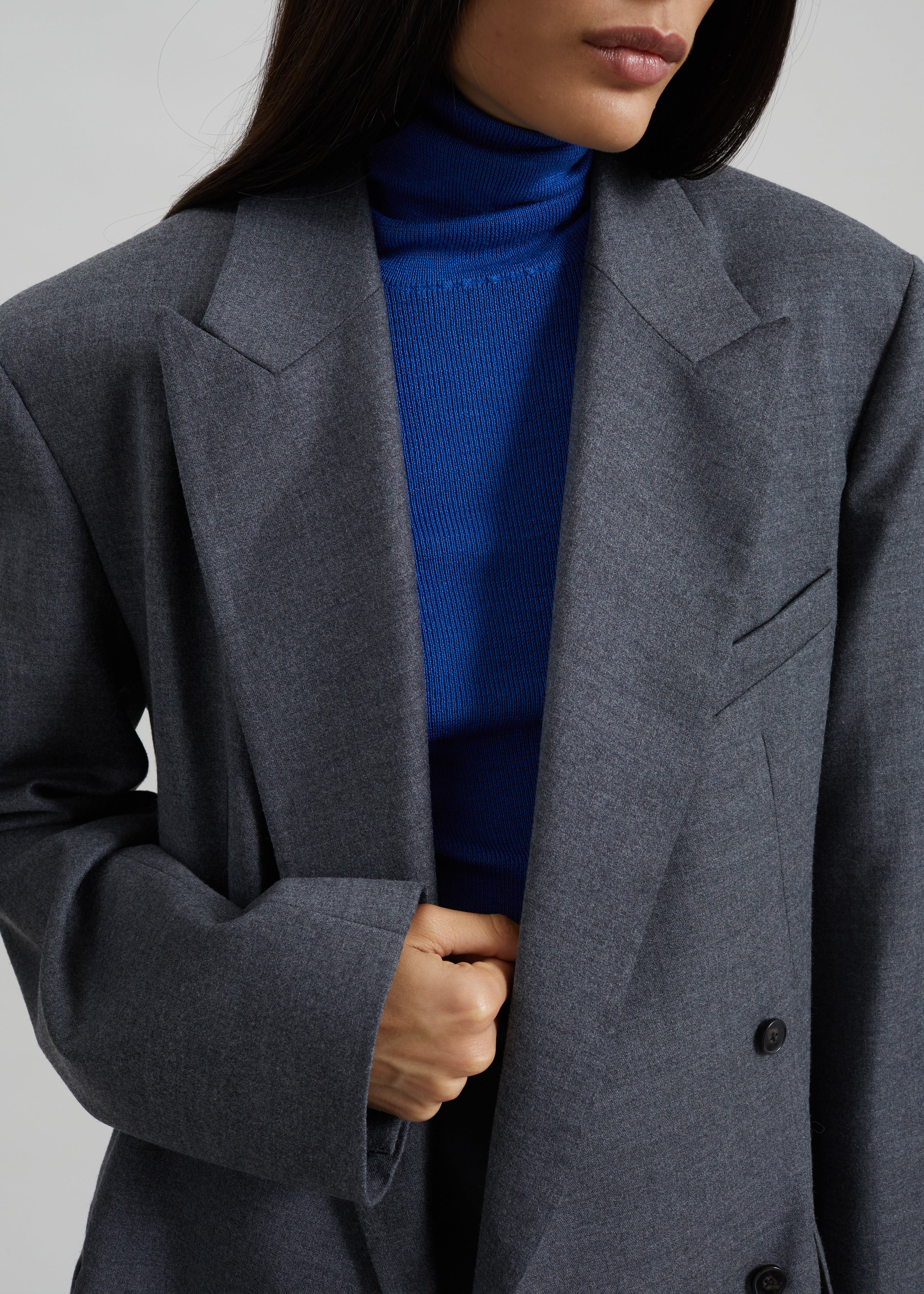Newark Flannel Double Breasted Blazer - Grey Melange - Image 2
