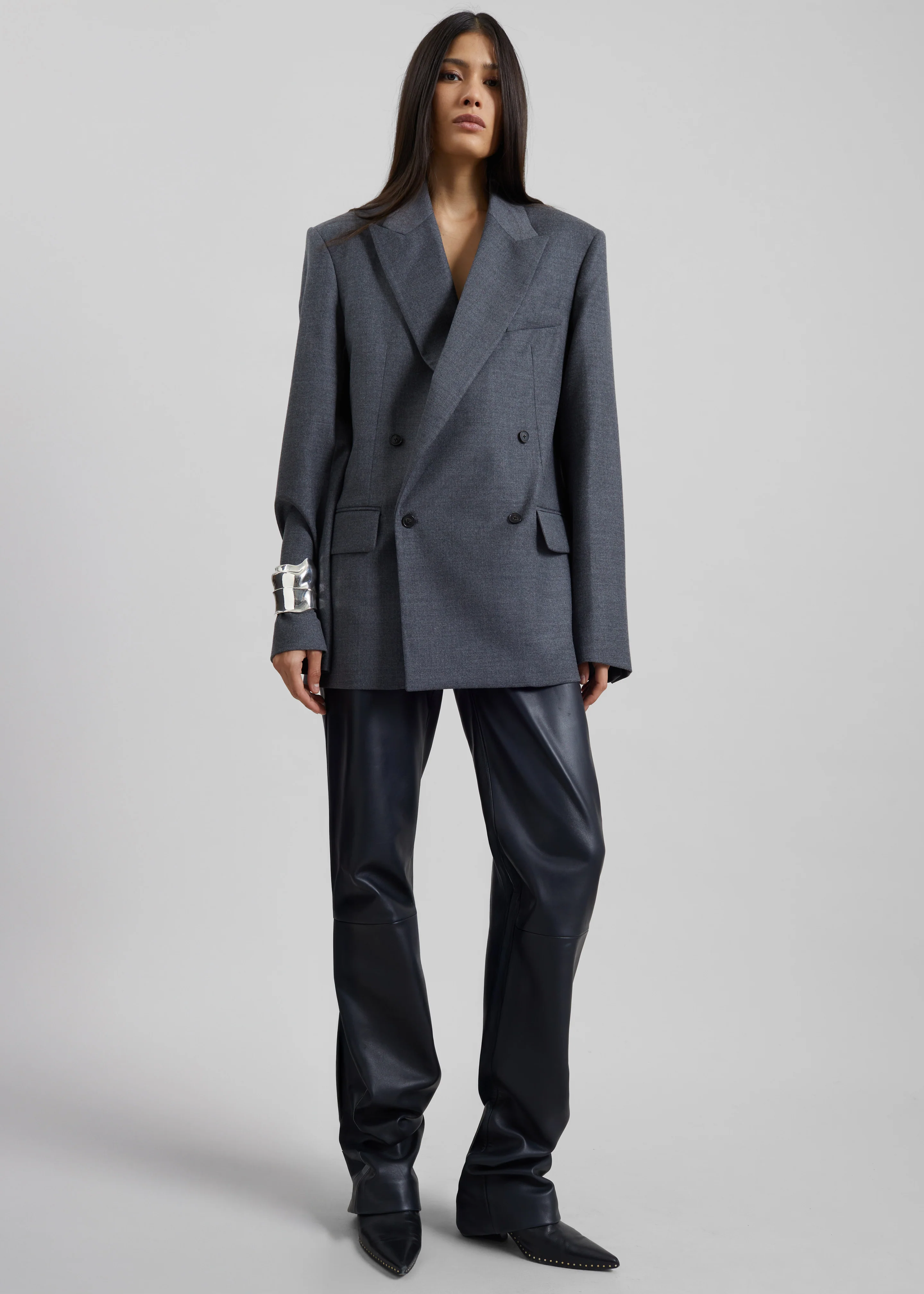 Newark Flannel Double Breasted Blazer - Grey Melange - Image 3