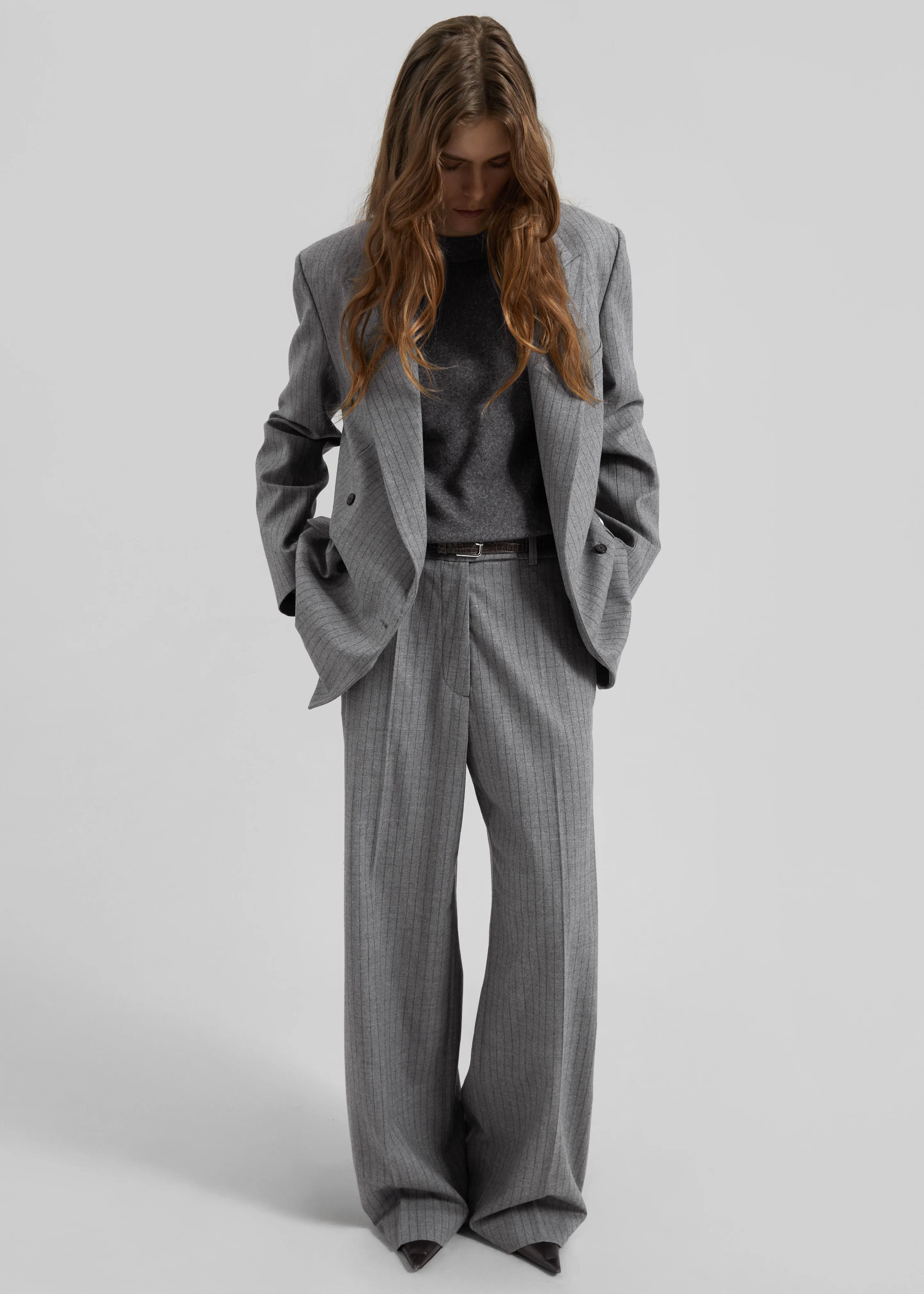 Newark Pinstripe Double Breasted Blazer - Grey/Brown - Image 2