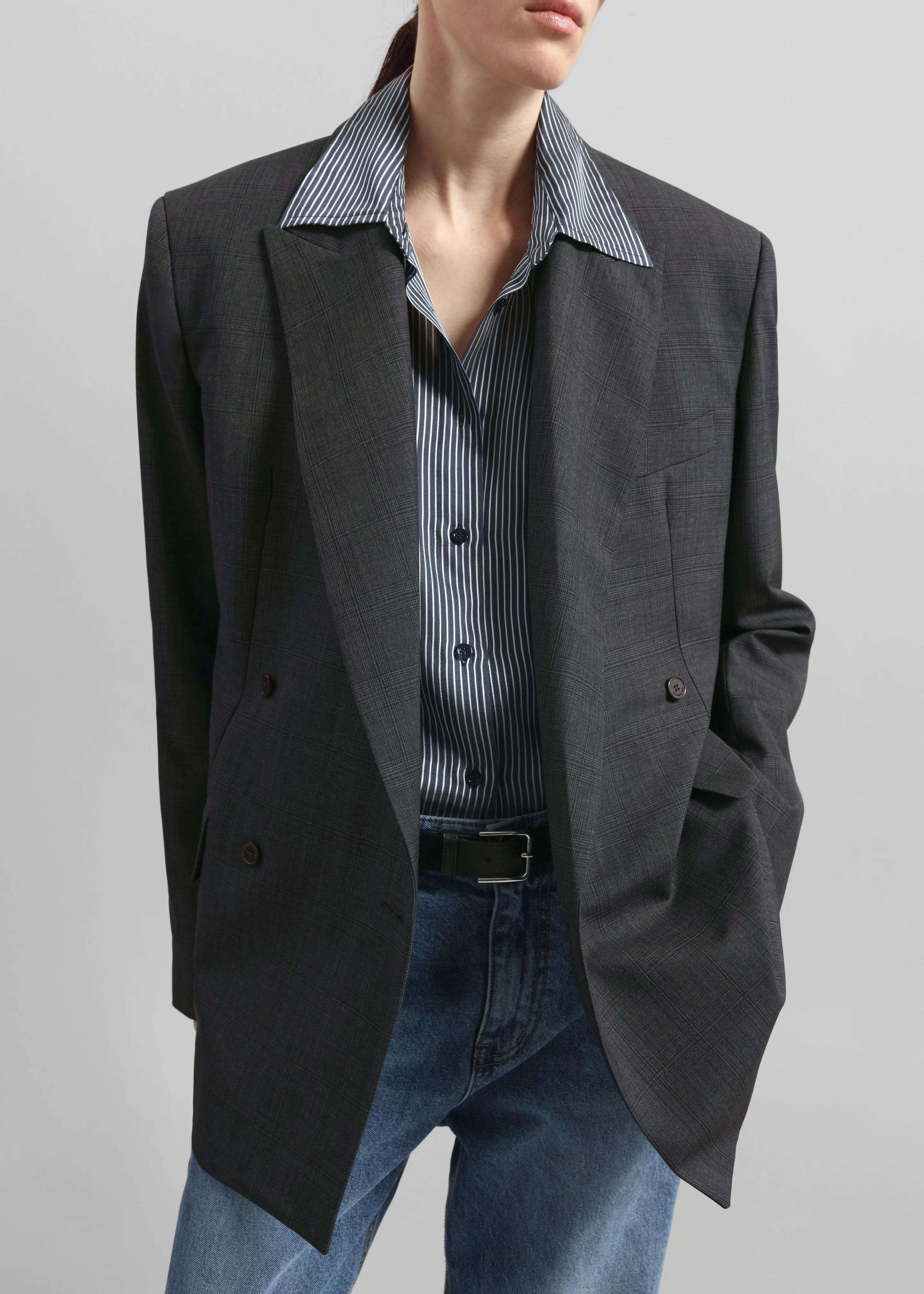 Newark Plaid Double Breasted Blazer - Dark Grey - Image 2