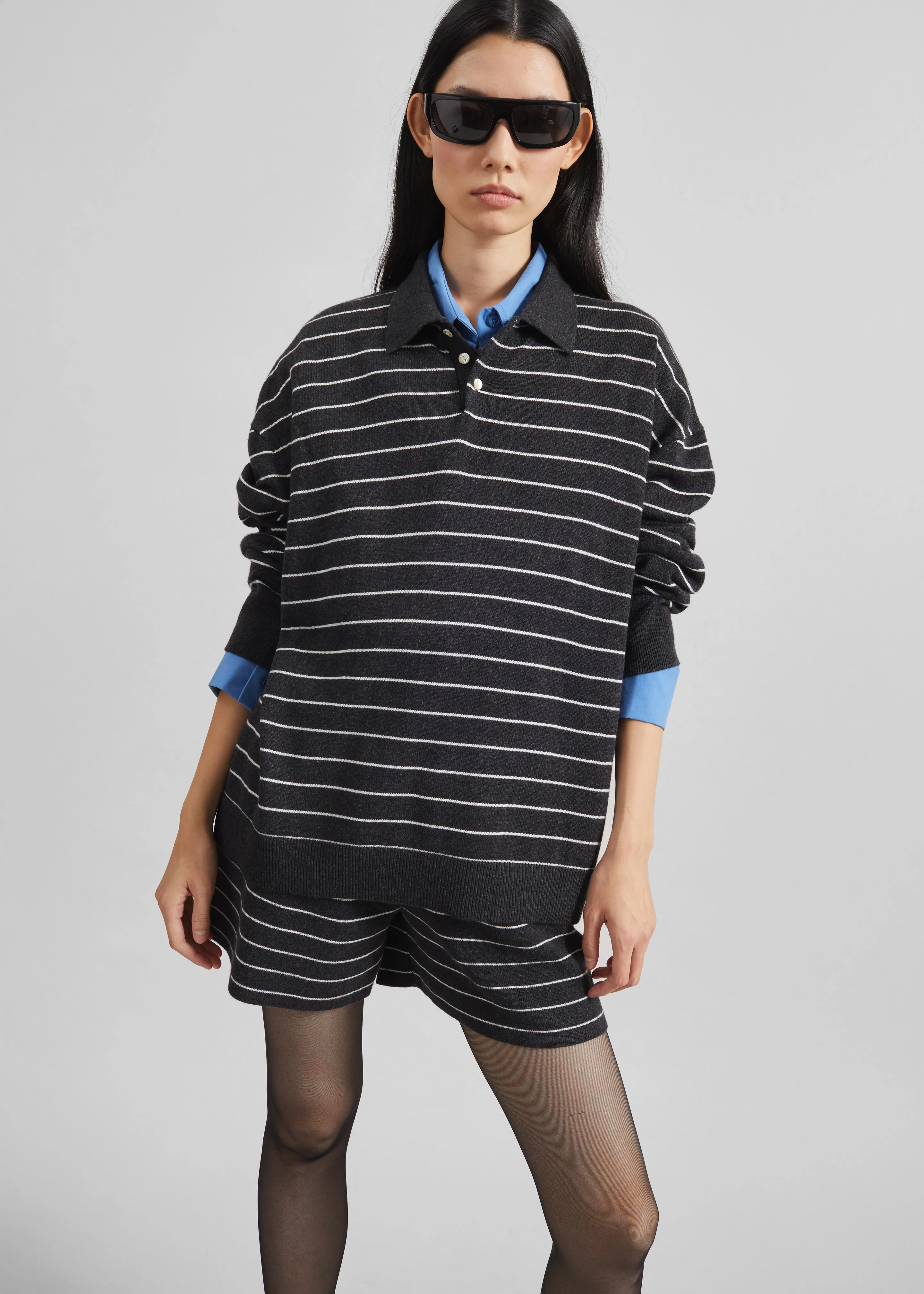Nolma Knit Polo Sweater - Grey/White Stripe - Image 2