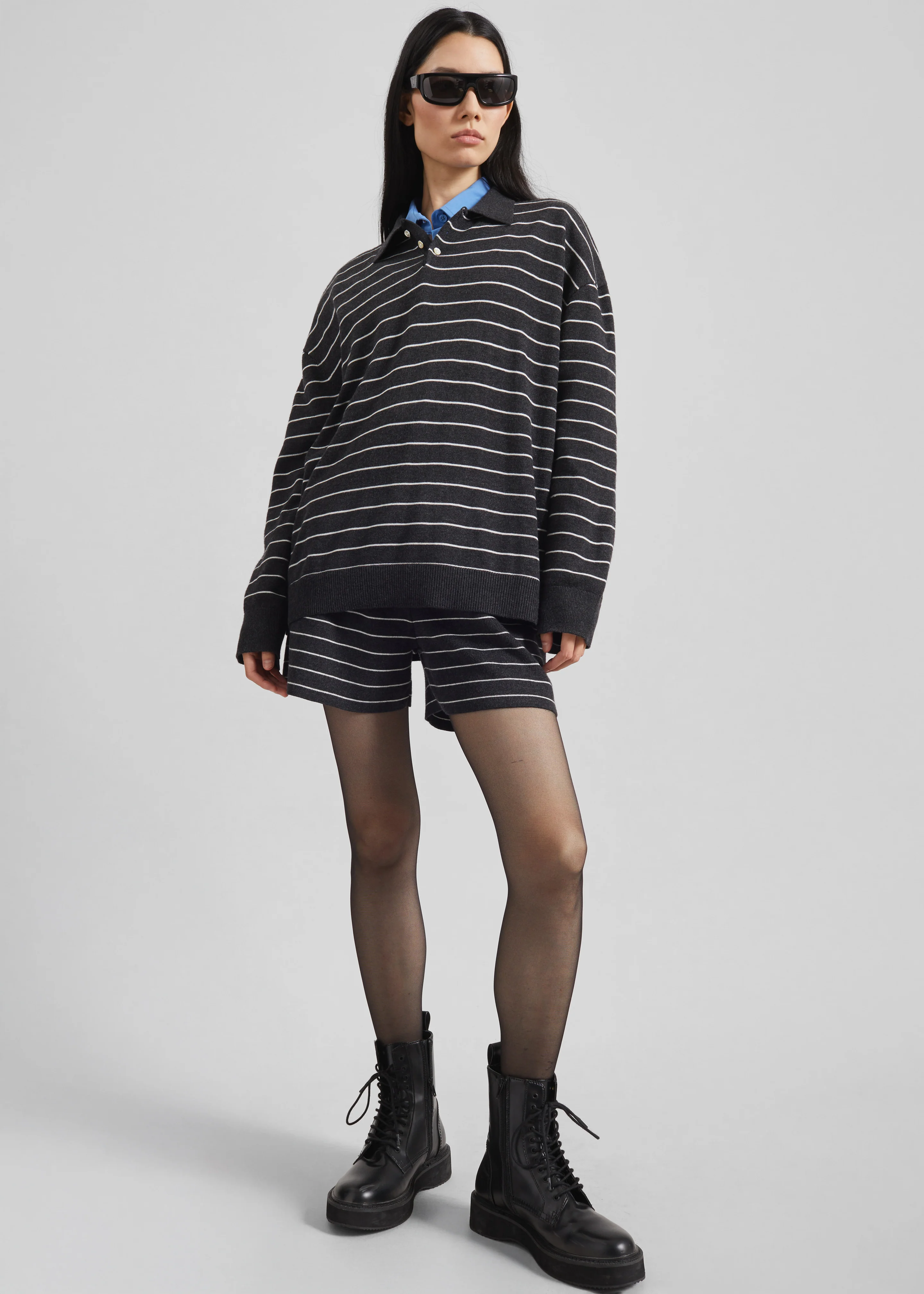 Nolma Knit Polo Sweater - Grey/White Stripe - Image 4