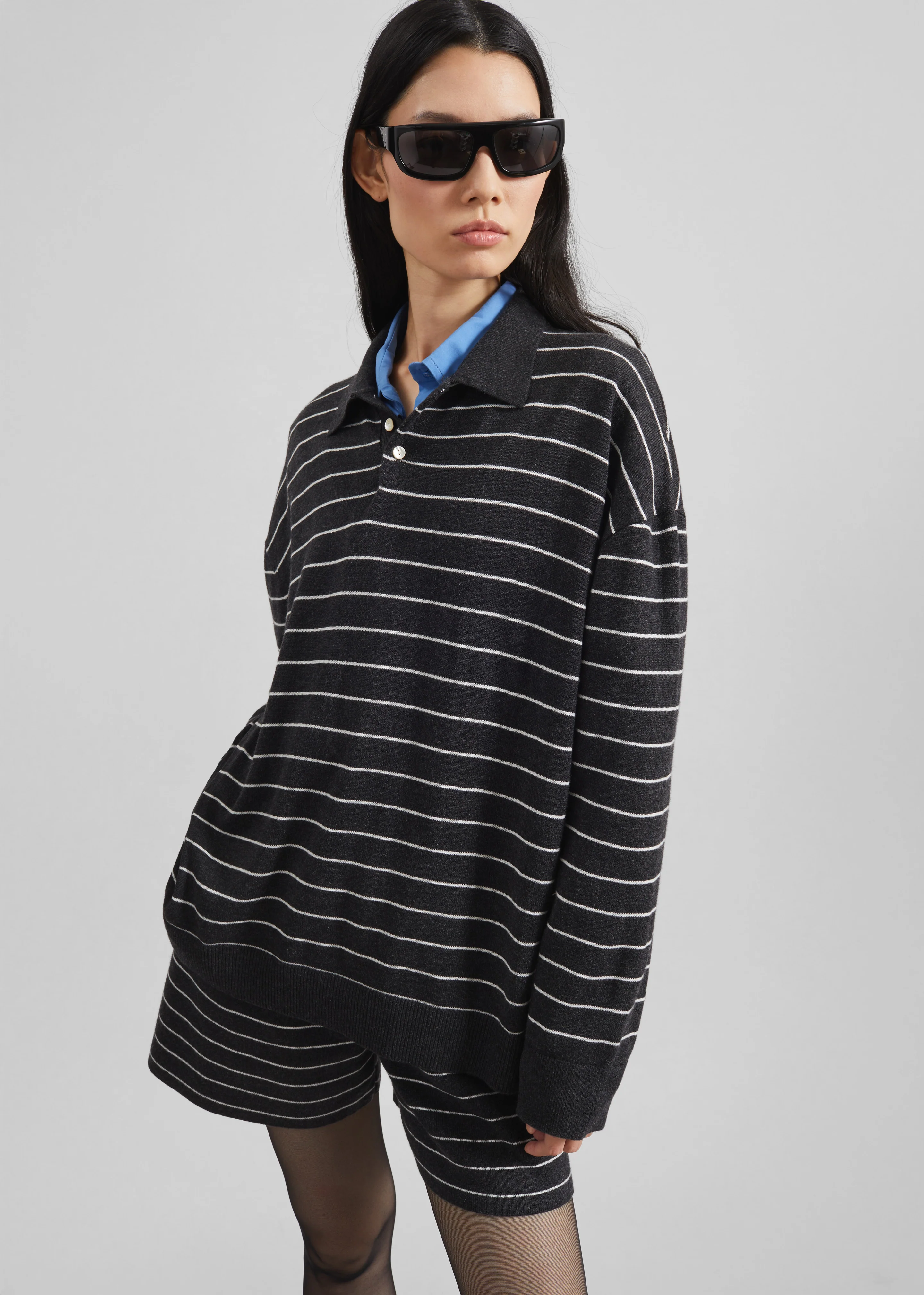 Nolma Knit Polo Sweater - Grey/White Stripe - Image 6