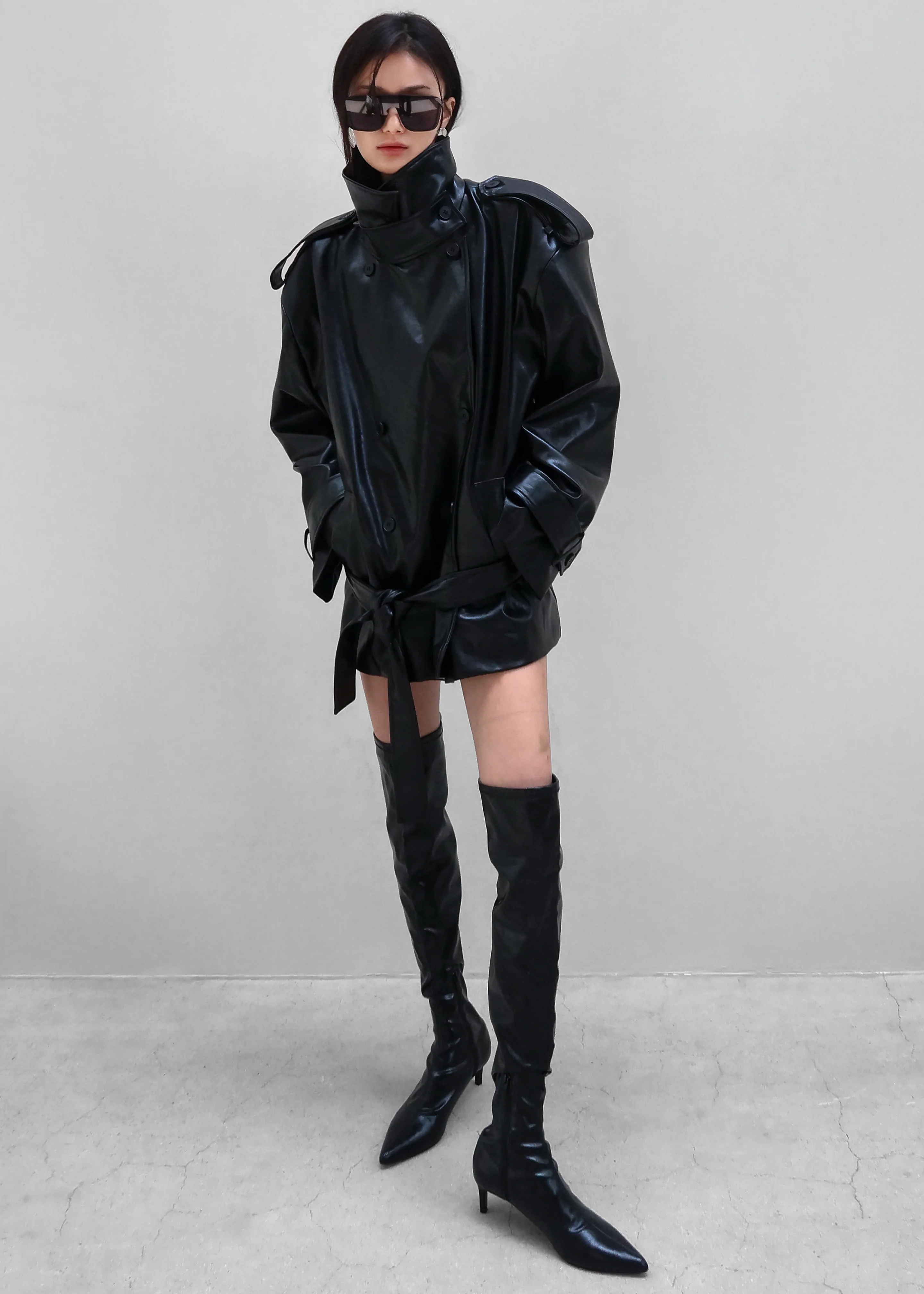 Nordana Faux Leather Short Trench - Black - Image 12