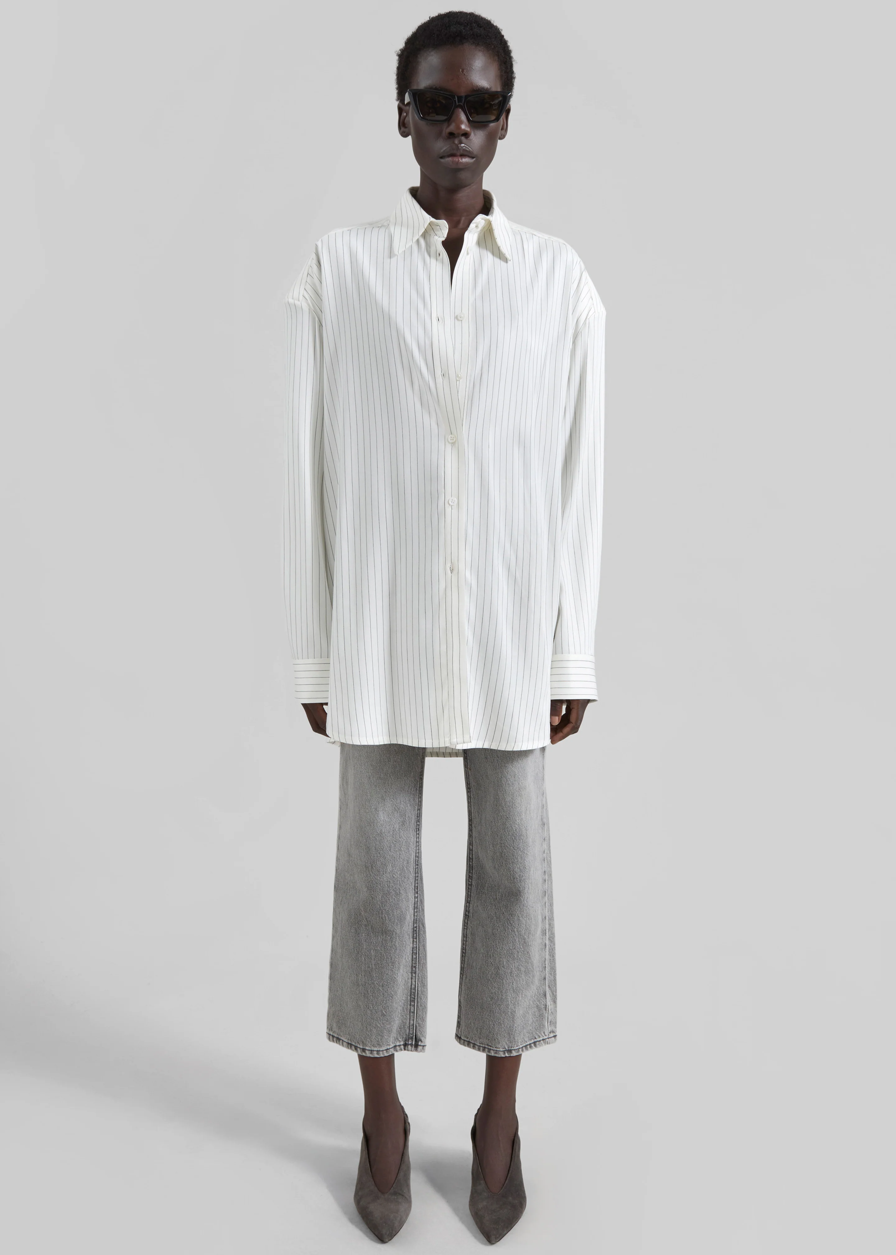 Oana Fluid Button-Up Shirt - White/Black Stripe - Image 6