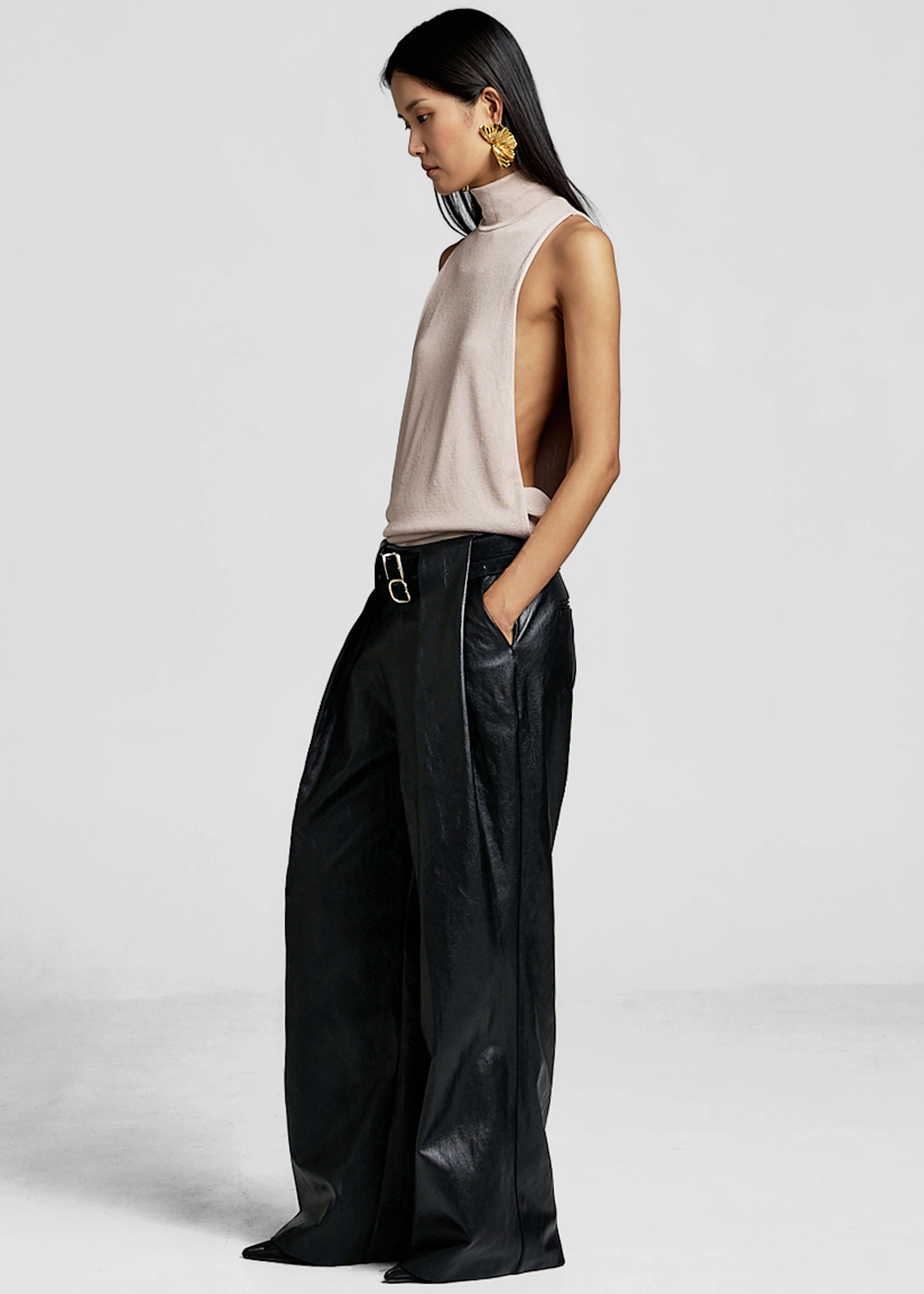 Olivet Faux Leather Trousers - Black - Image 4