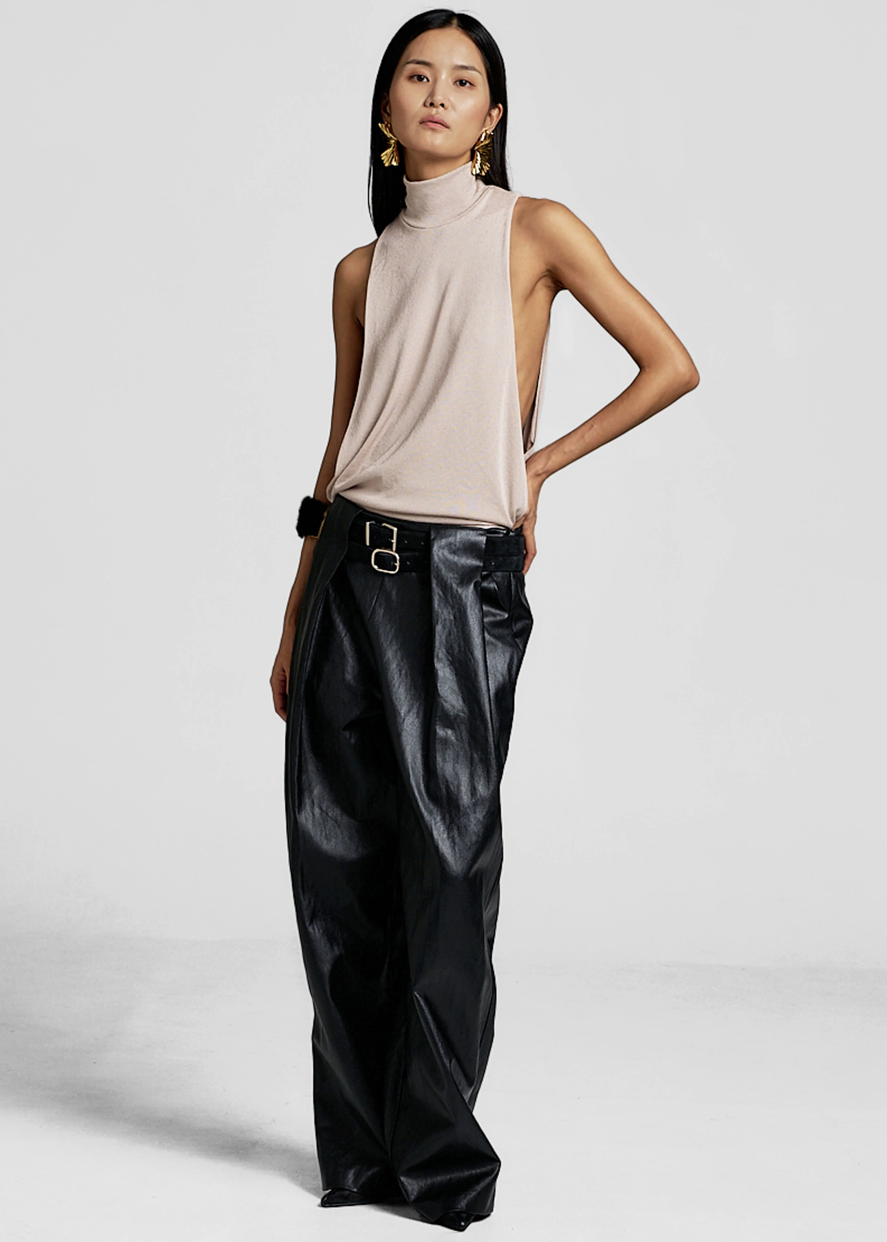 Olivet Faux Leather Trousers - Black - Image 5