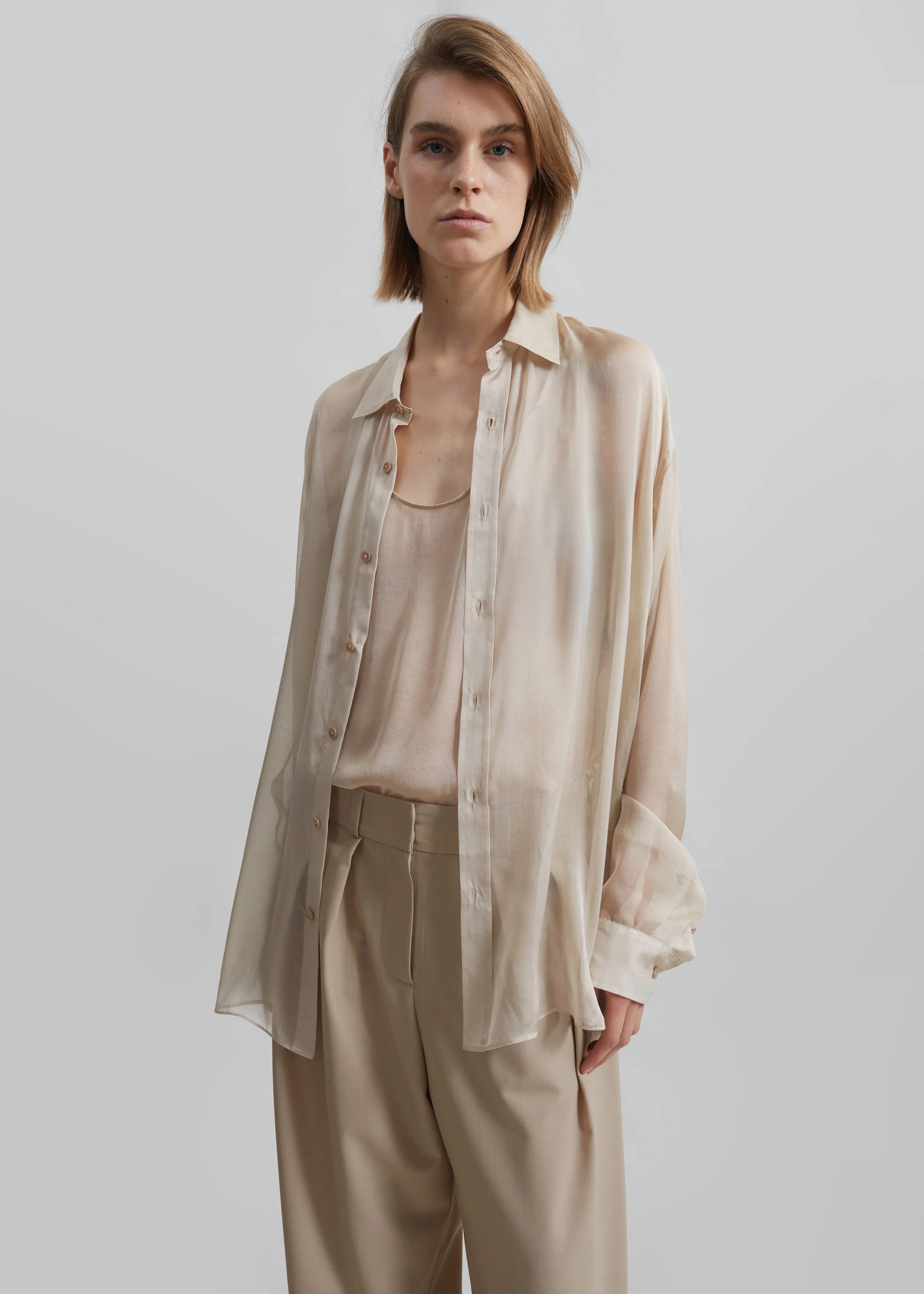 Oria Sheer Silk Chiffon Shirt - Beige - Image 3
