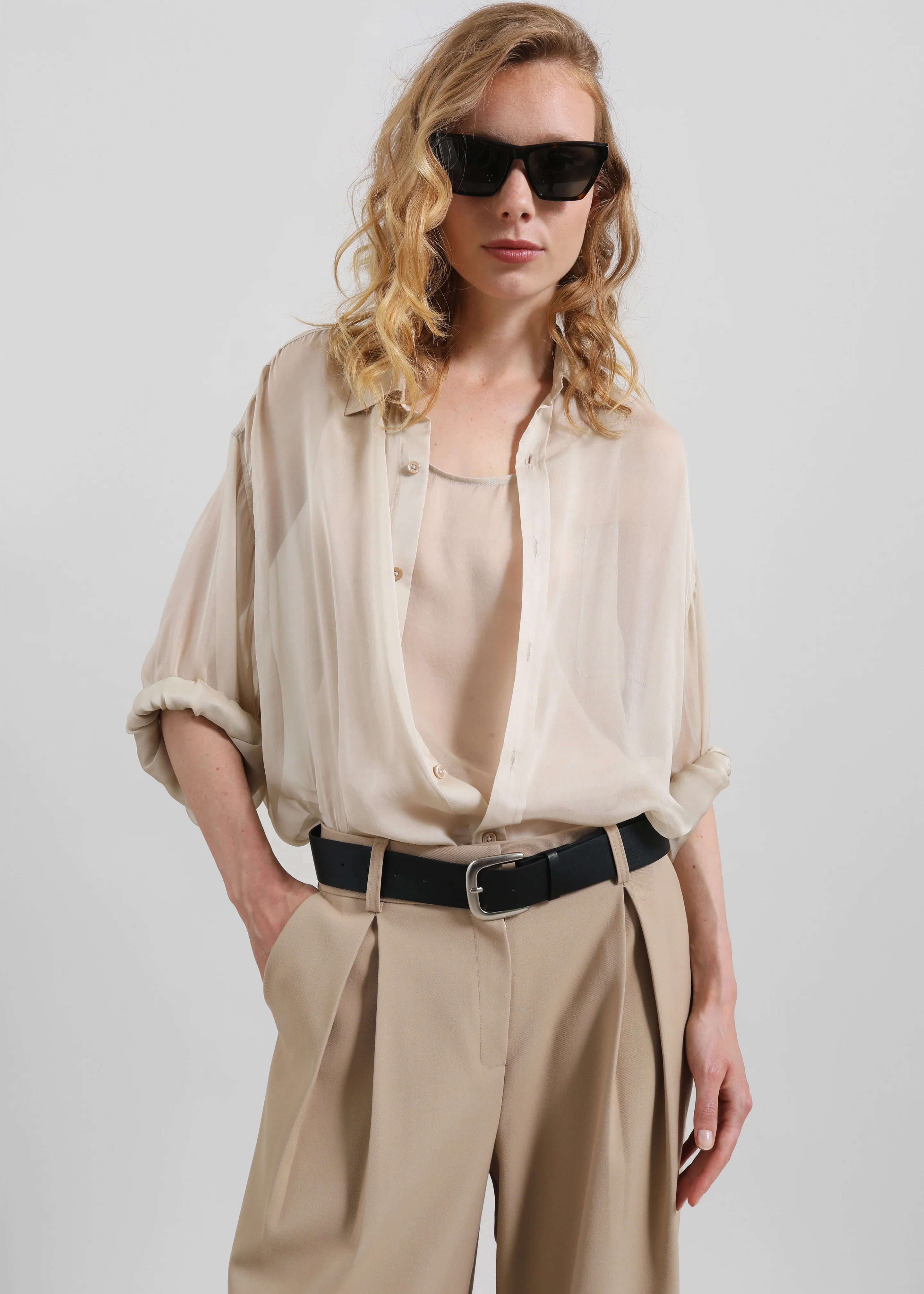 Oria Sheer Silk Chiffon Shirt - Beige - Image 7
