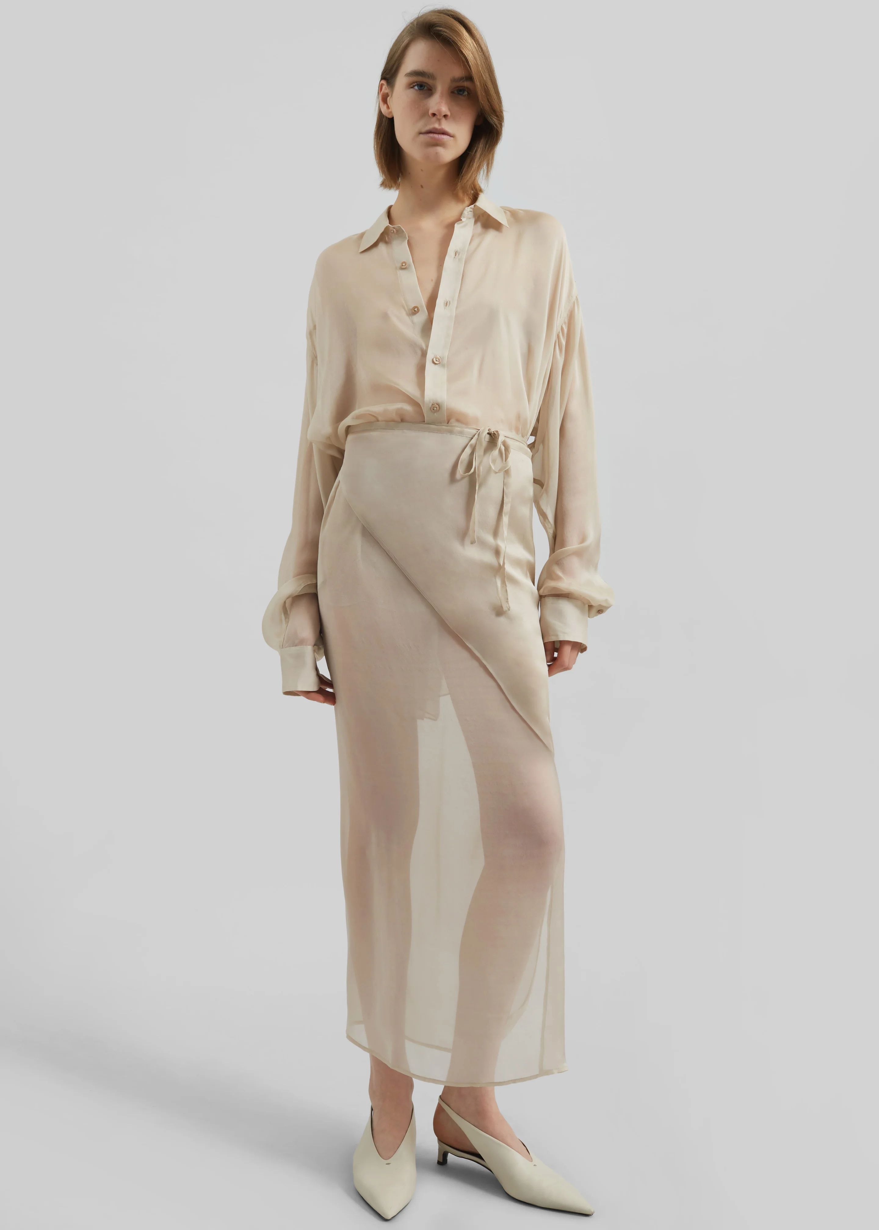 Oria Sheer Silk Chiffon Wrap Skirt - Beige - Image 2