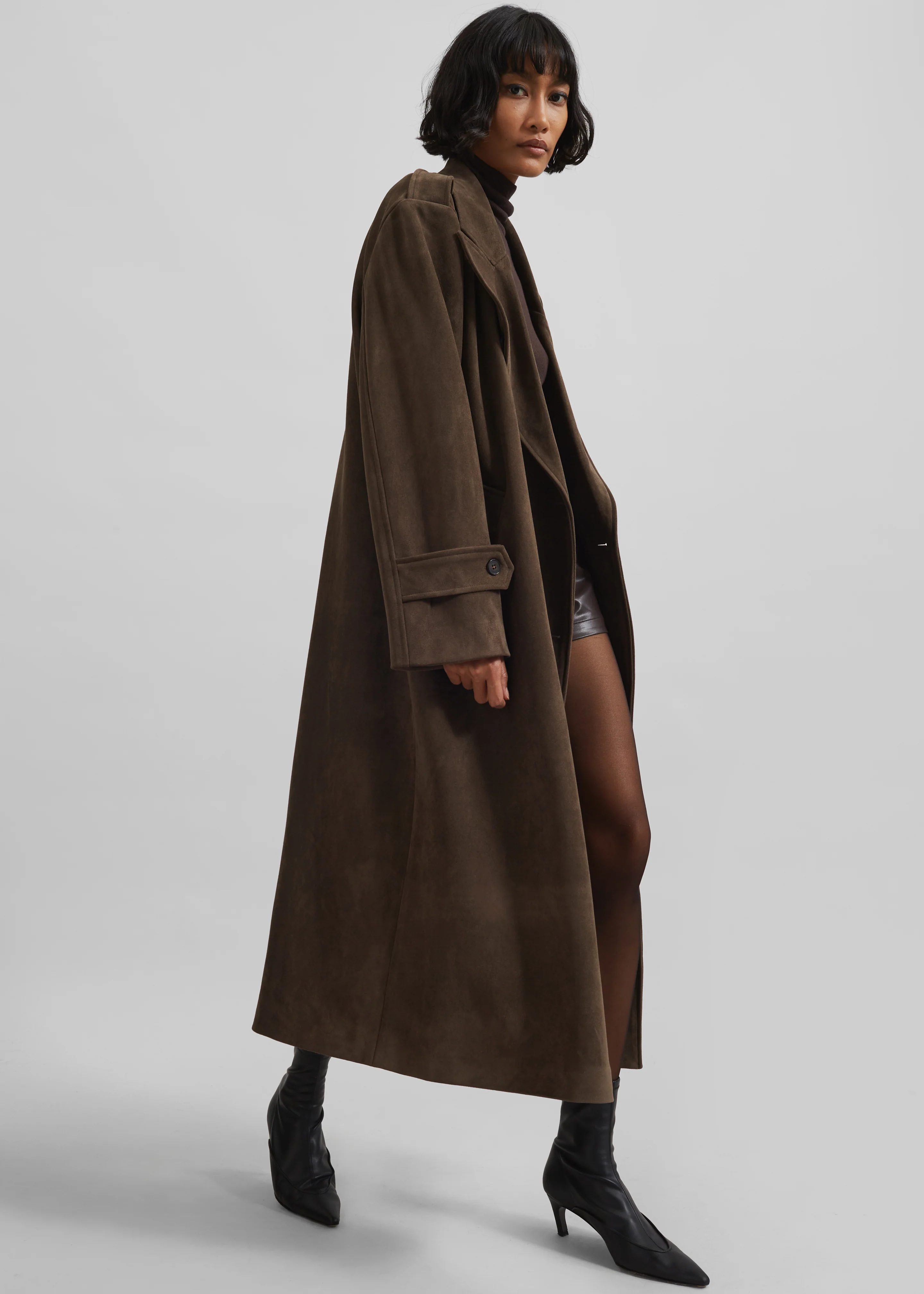 Peoria Faux Suede Trench Coat - Brown - Image 5
