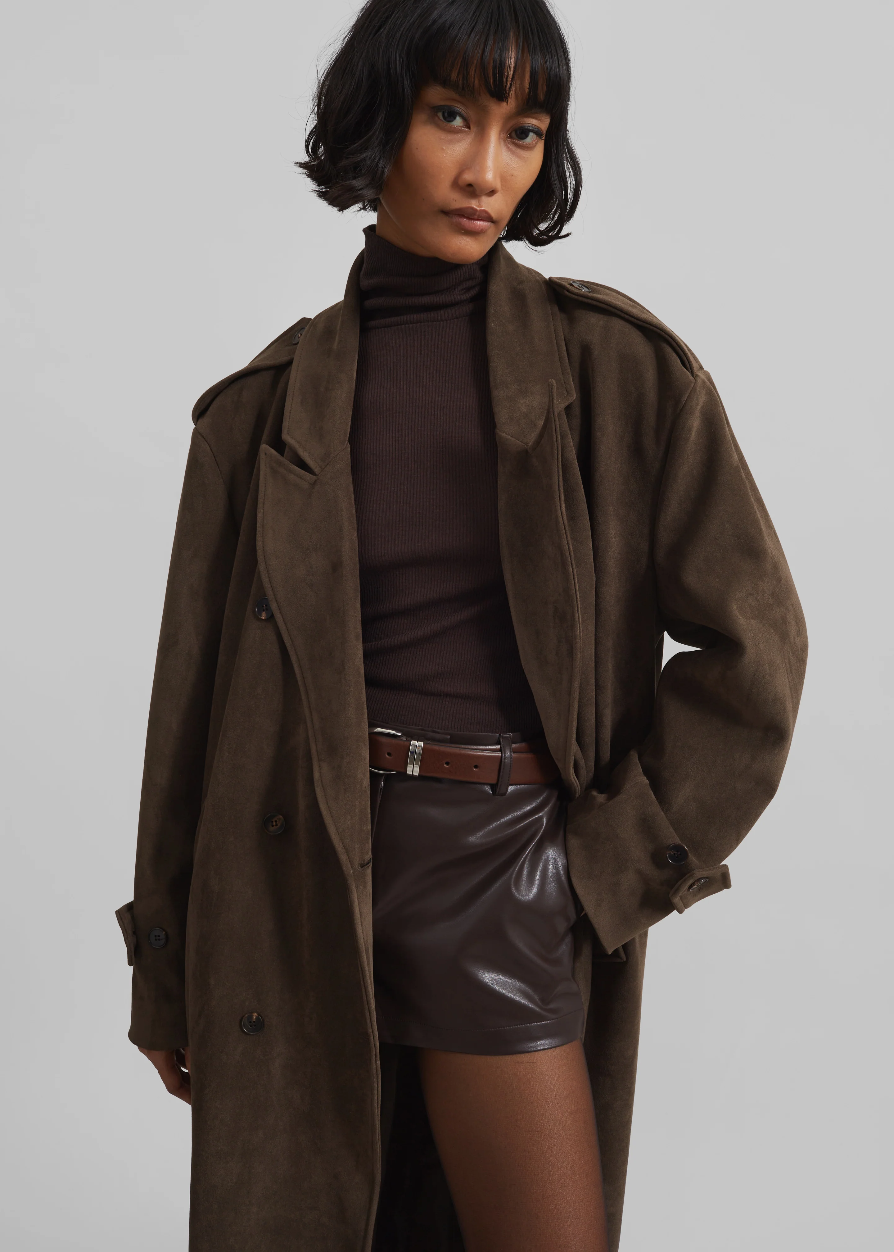 Peoria Faux Suede Trench Coat - Brown - Image 7