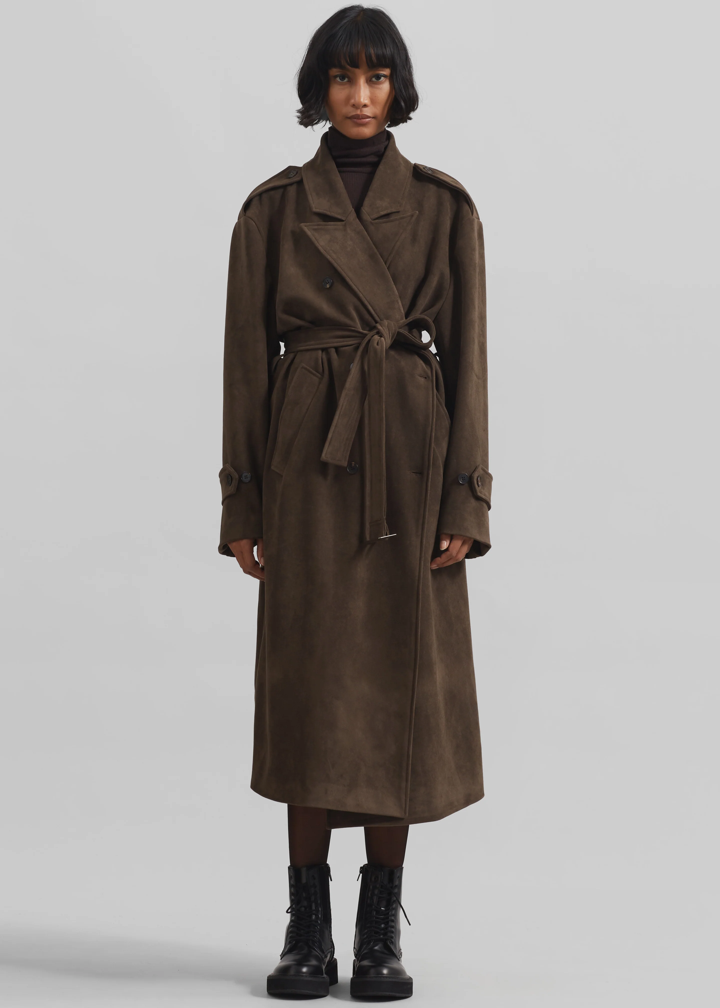 Peoria Faux Suede Trench Coat - Brown - Image 9