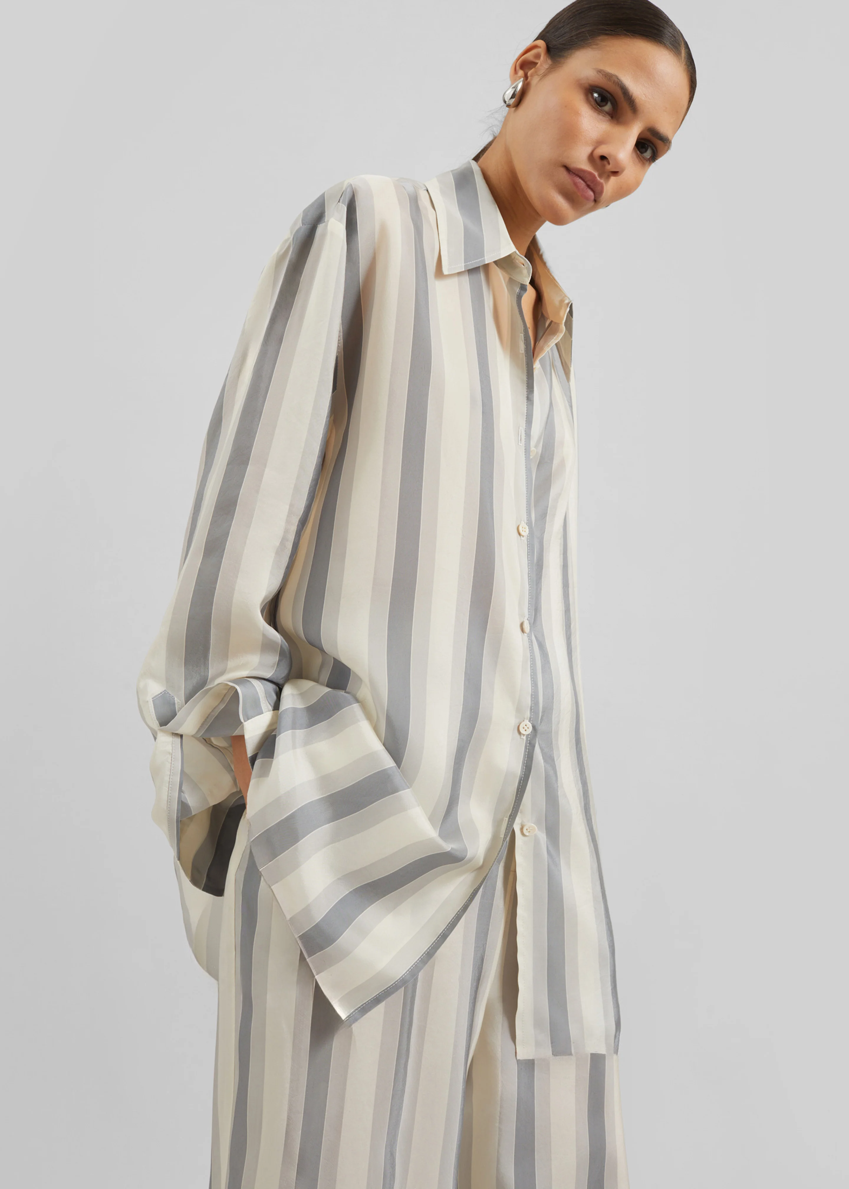 Peri Fluid Shirt - White/Grey Stripe - Image 2