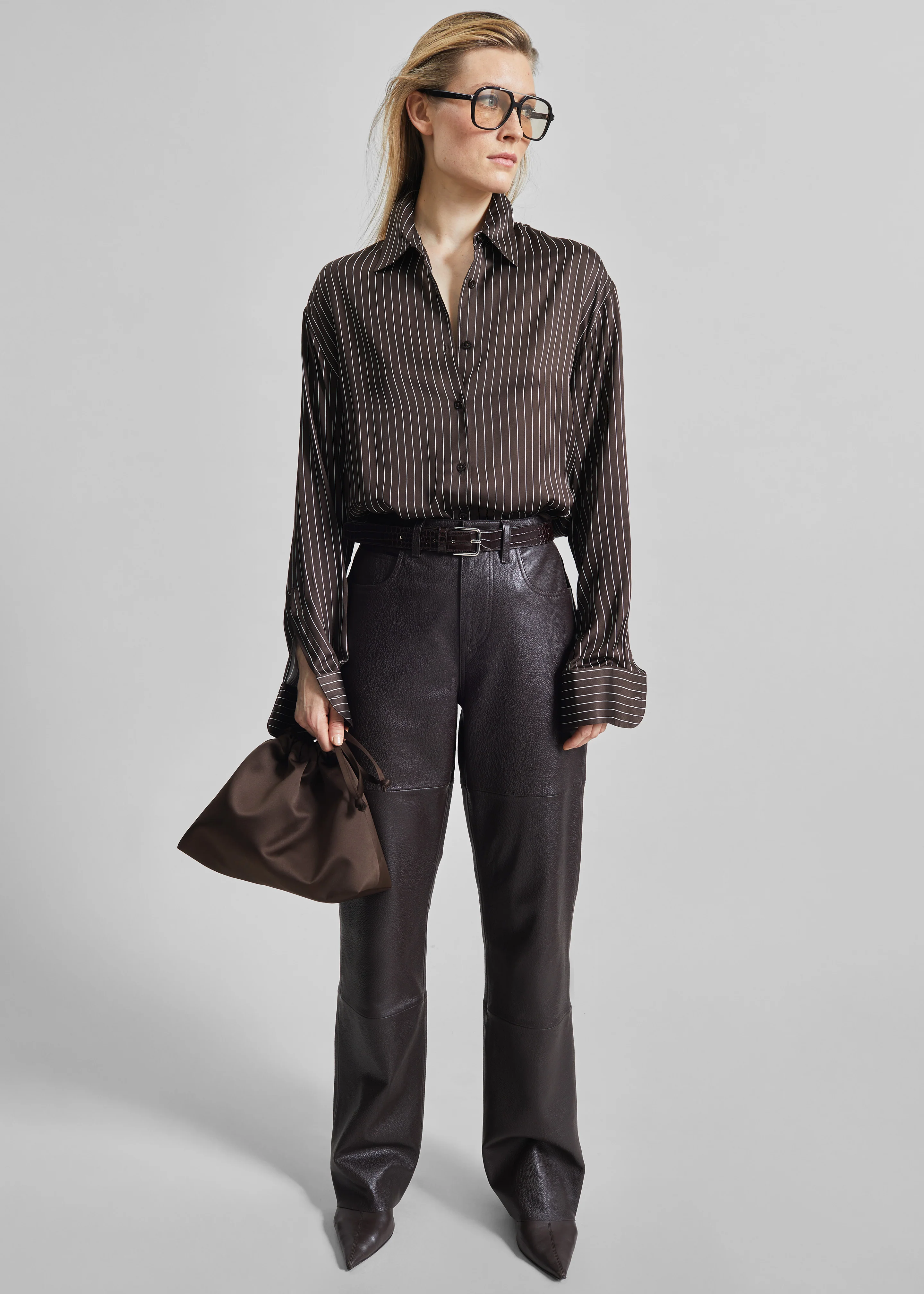 Peri Satin Fluid Shirt - Brown/White Pinstripe - Image 2