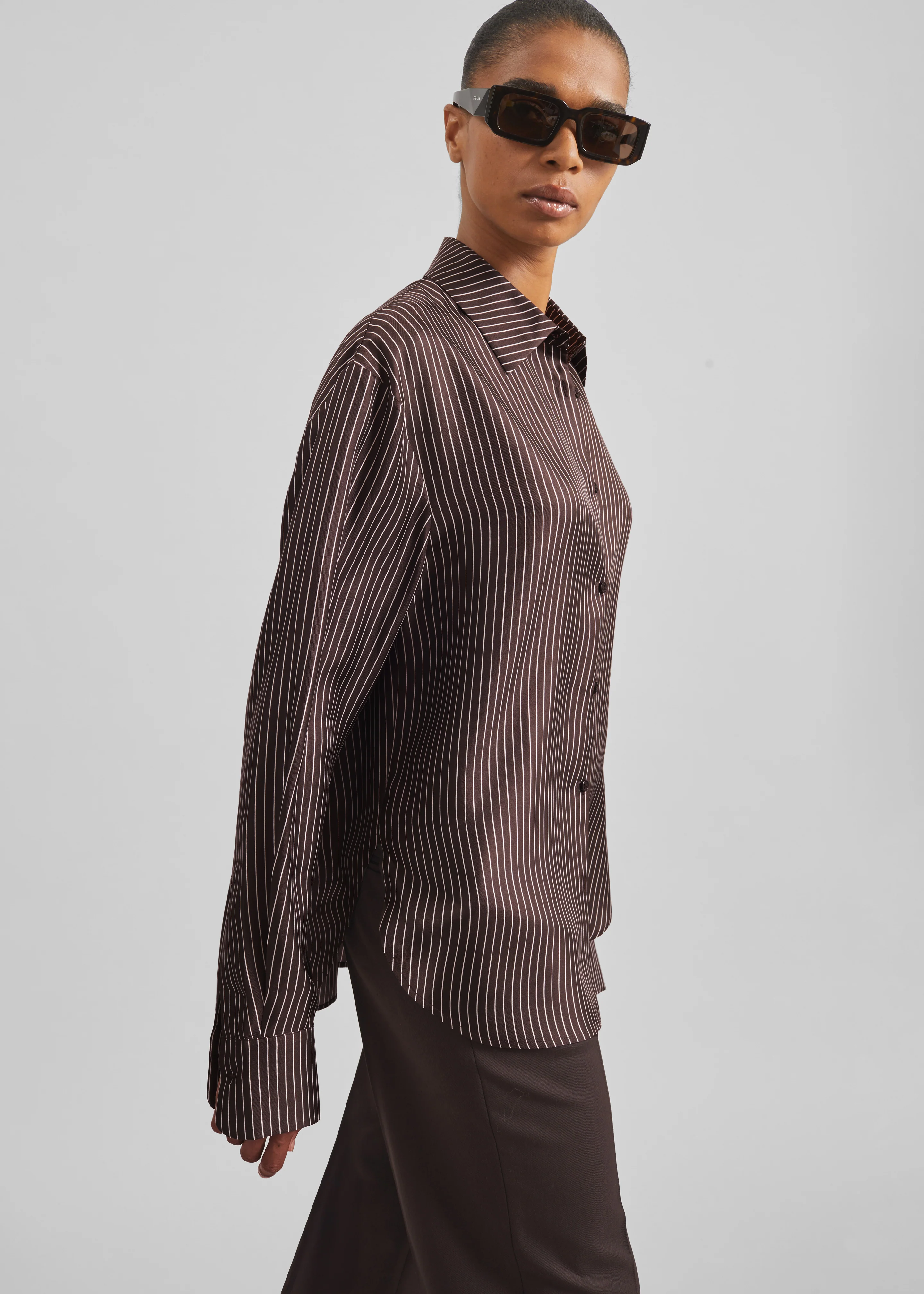 Peri Satin Fluid Shirt - Brown/White Pinstripe - Image 4