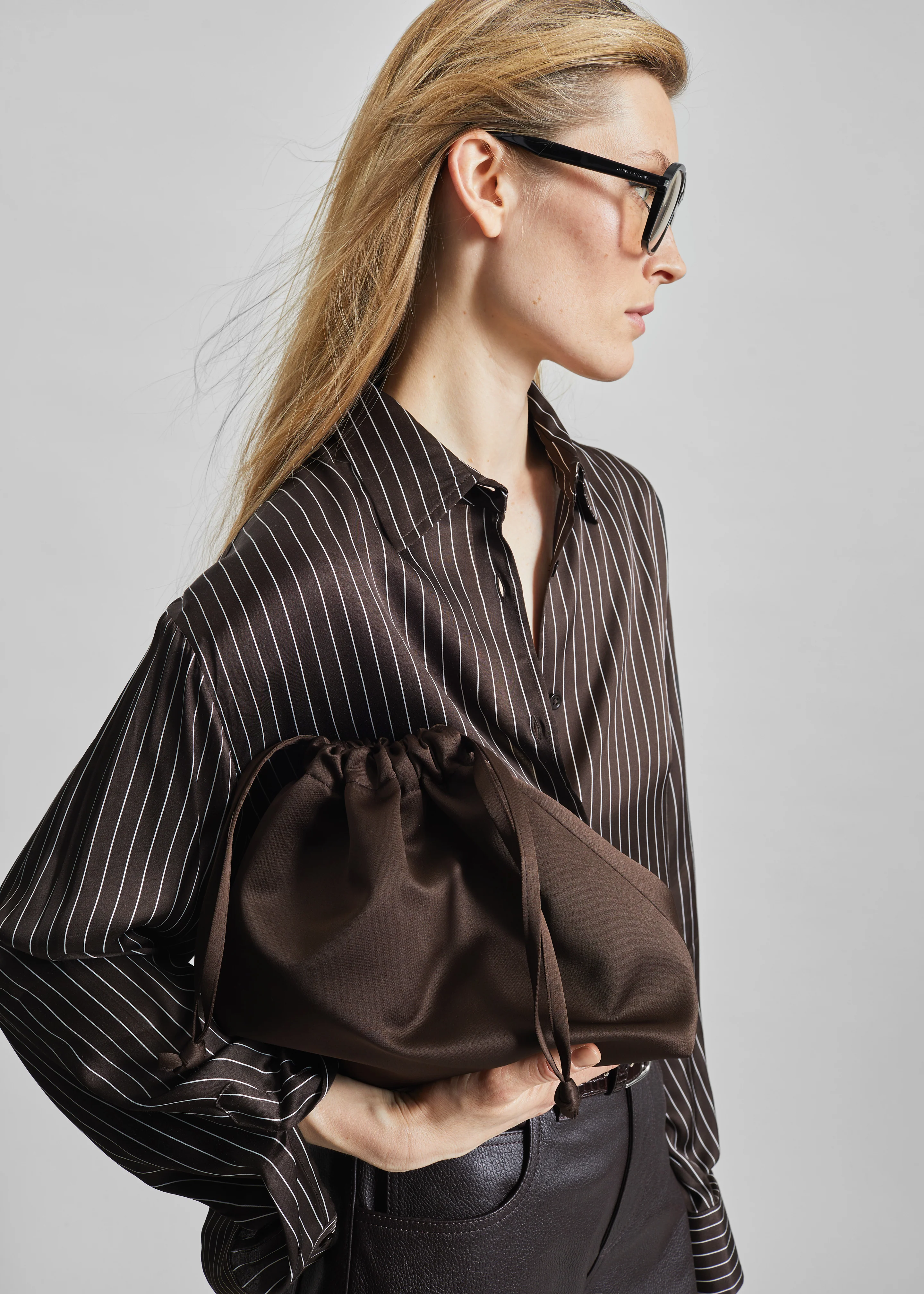 Peri Satin Fluid Shirt - Brown/White Pinstripe - Image 5
