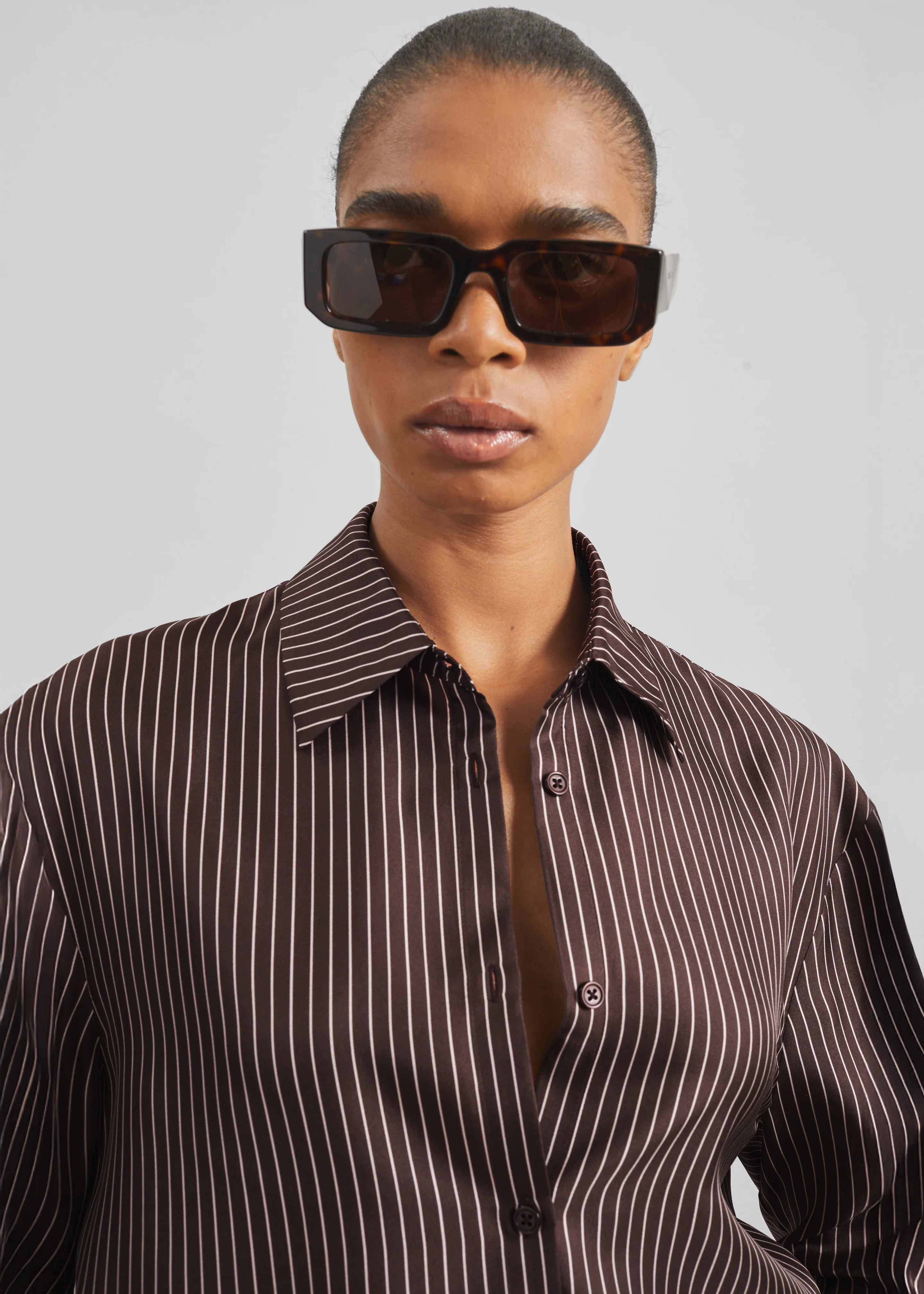 Peri Satin Fluid Shirt - Brown/White Pinstripe - Image 6