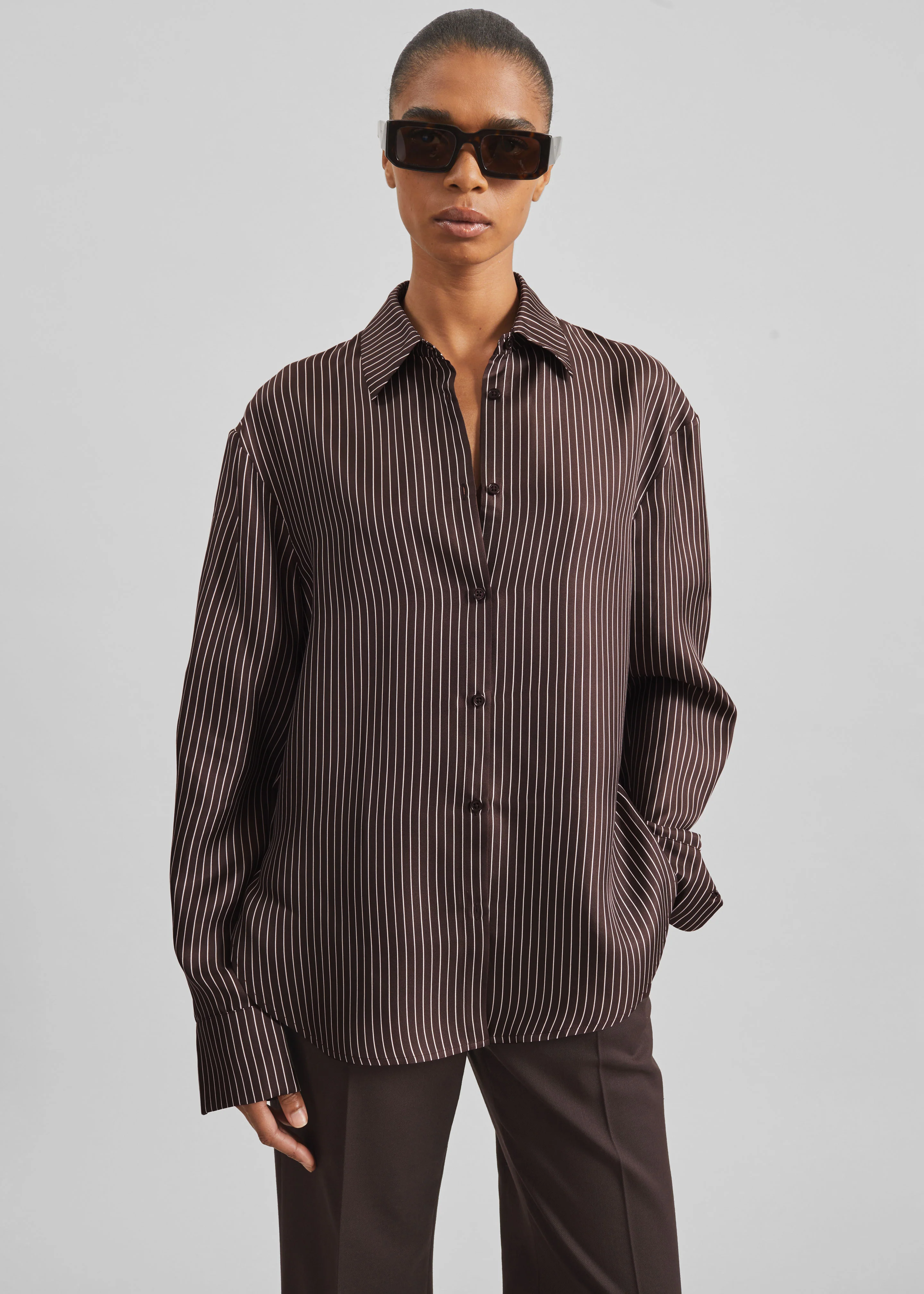Peri Satin Fluid Shirt - Brown/White Pinstripe - Image 8