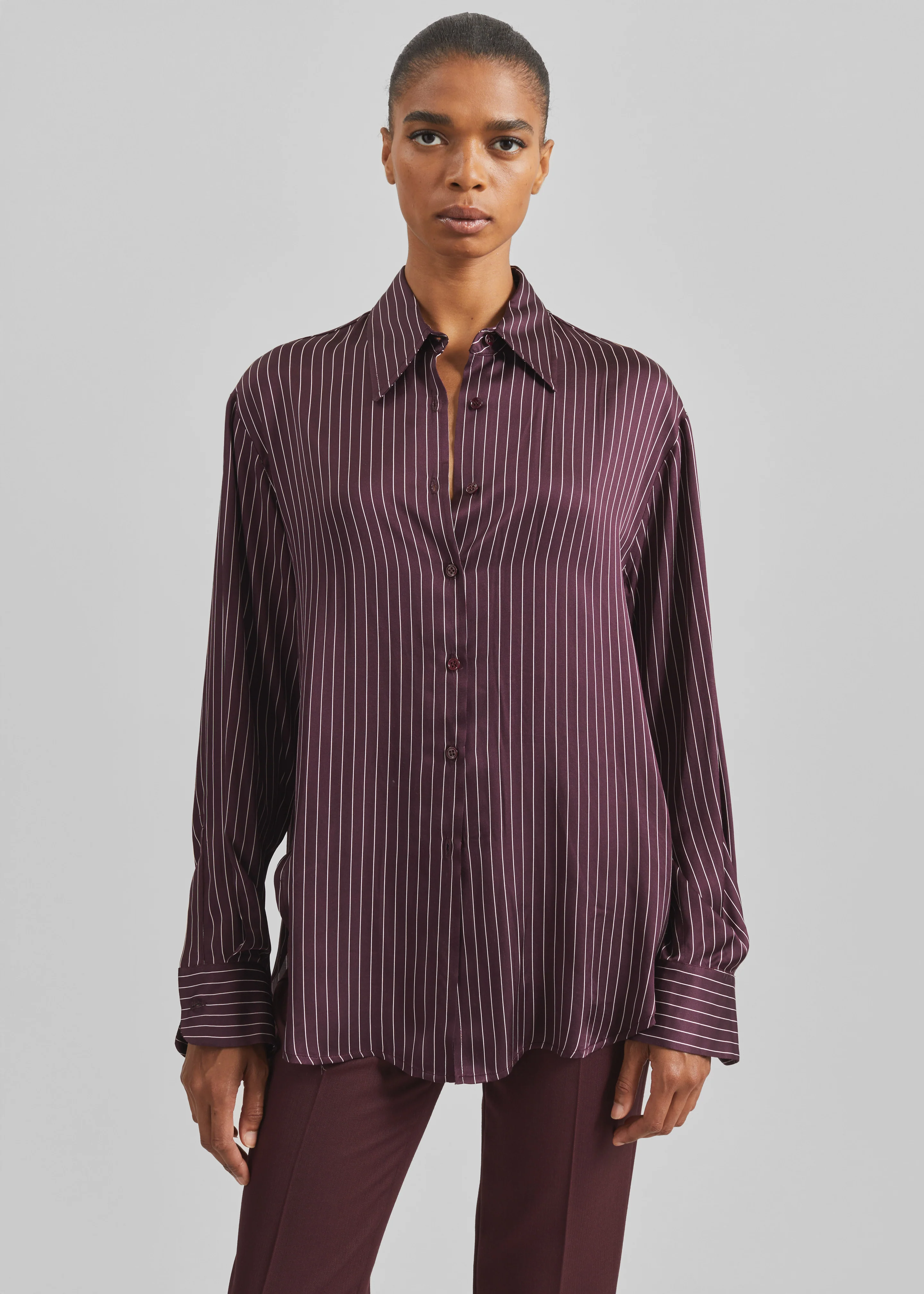 Peri Satin Fluid Shirt - Burgundy/White Pinstripe - Image 2