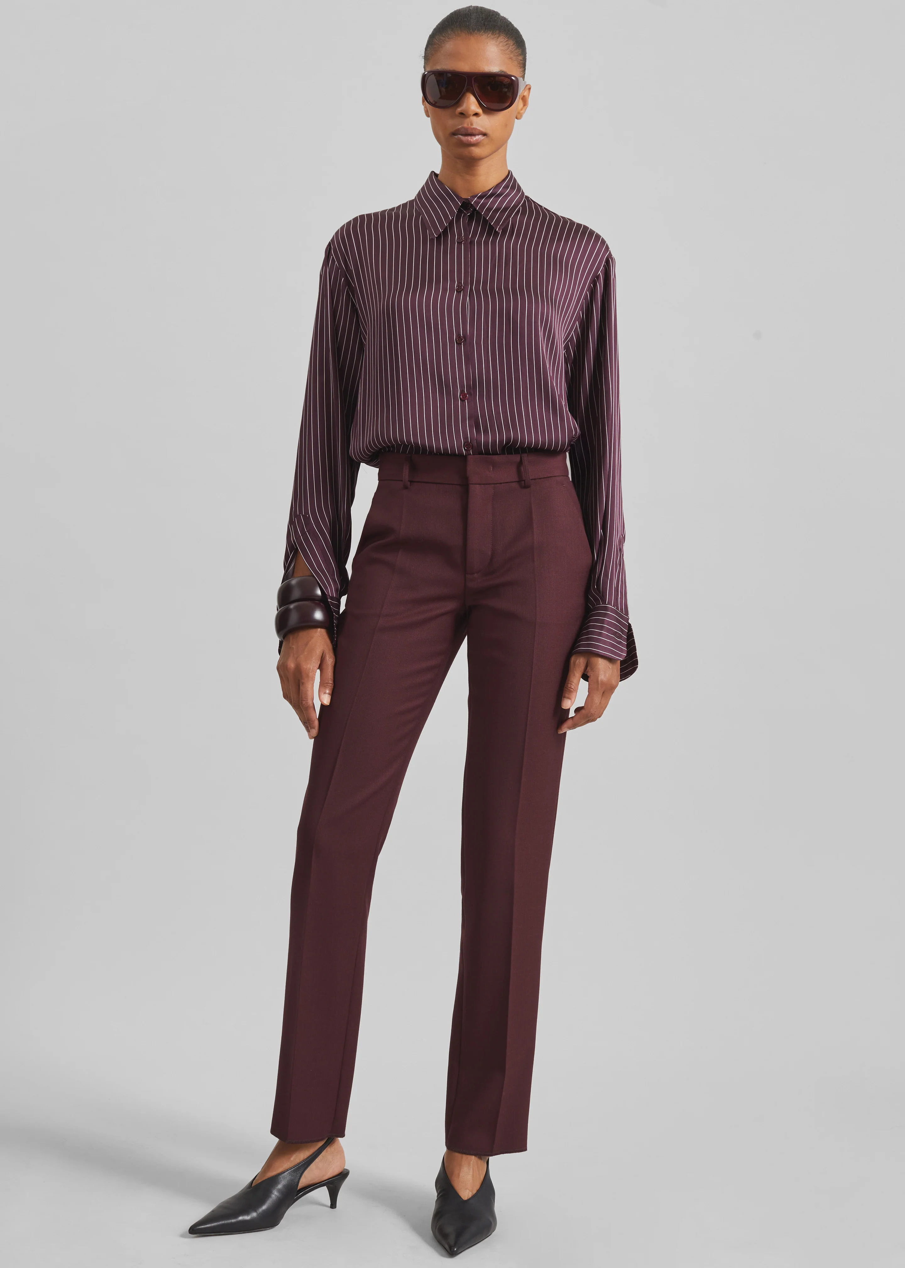 Peri Satin Fluid Shirt - Burgundy/White Pinstripe - Image 3