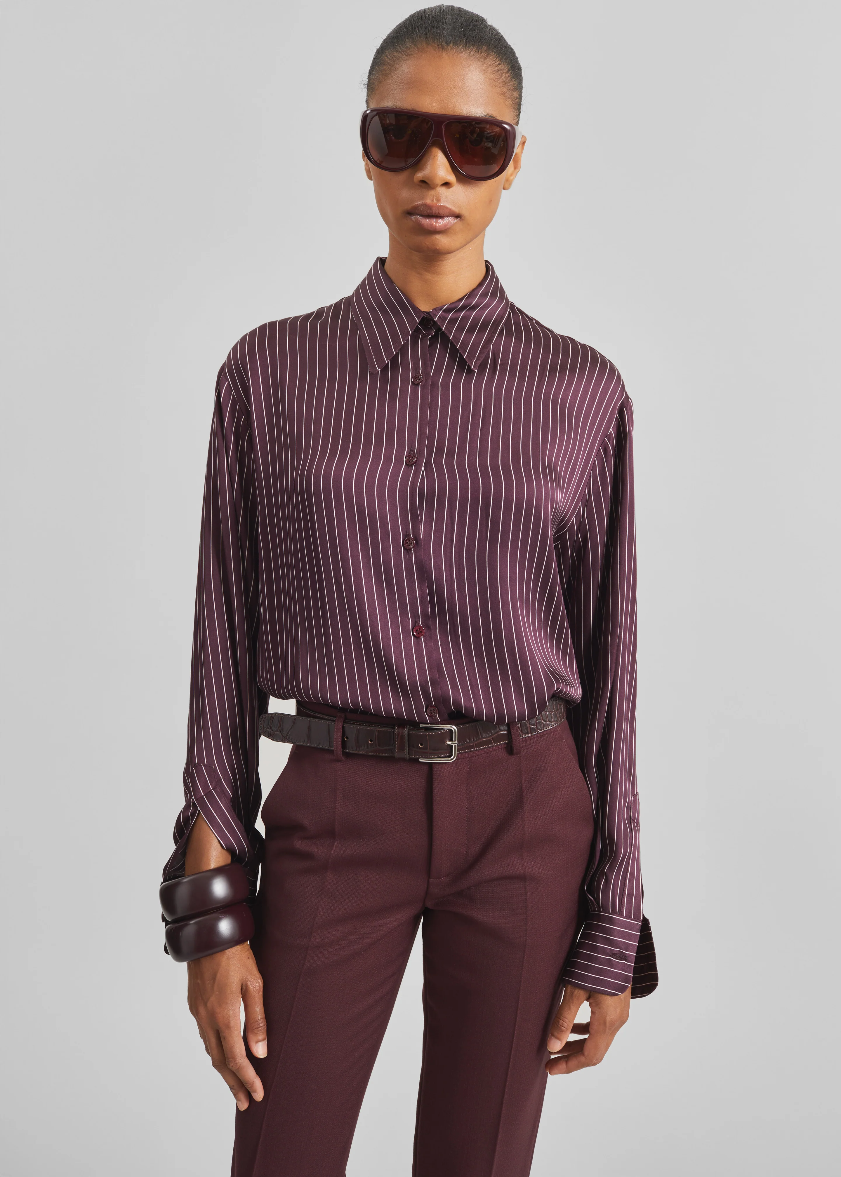 Peri Satin Fluid Shirt - Burgundy/White Pinstripe - Image 4