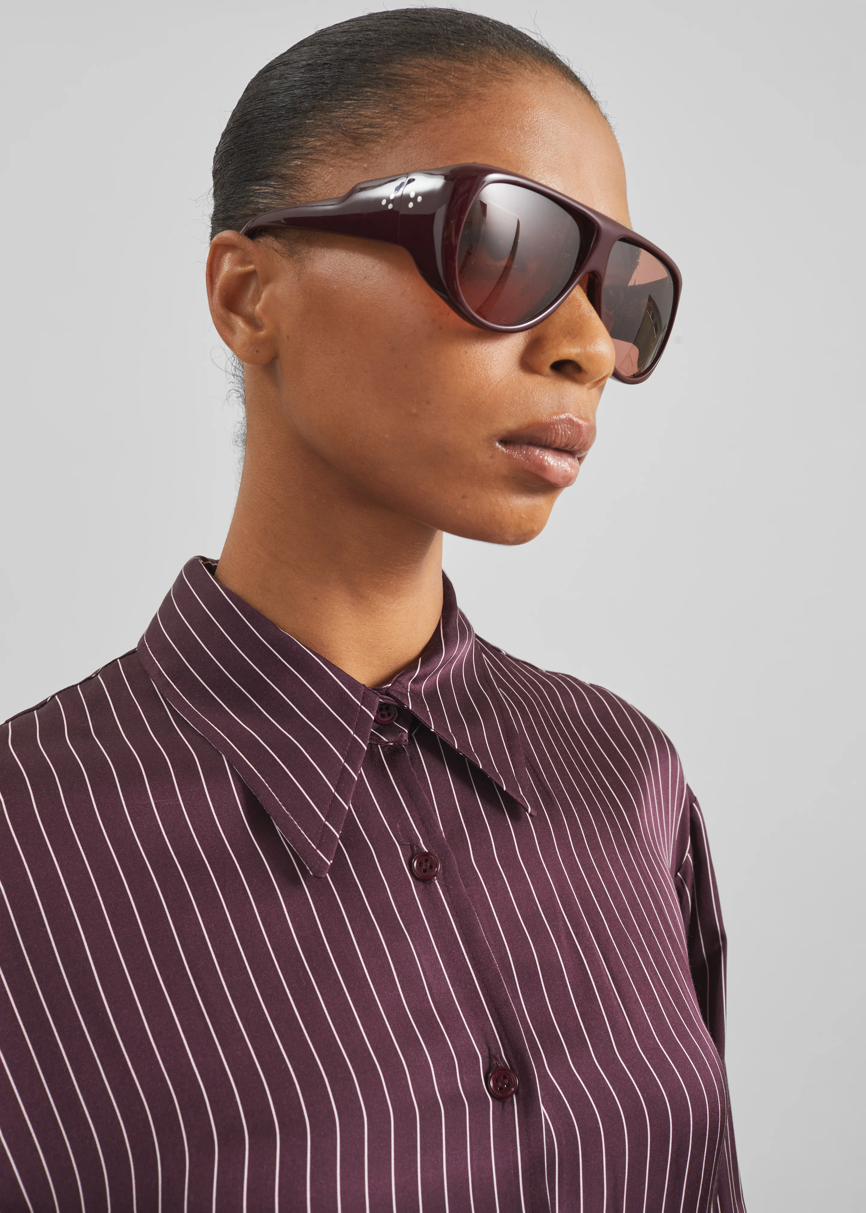 Peri Satin Fluid Shirt - Burgundy/White Pinstripe - Image 6