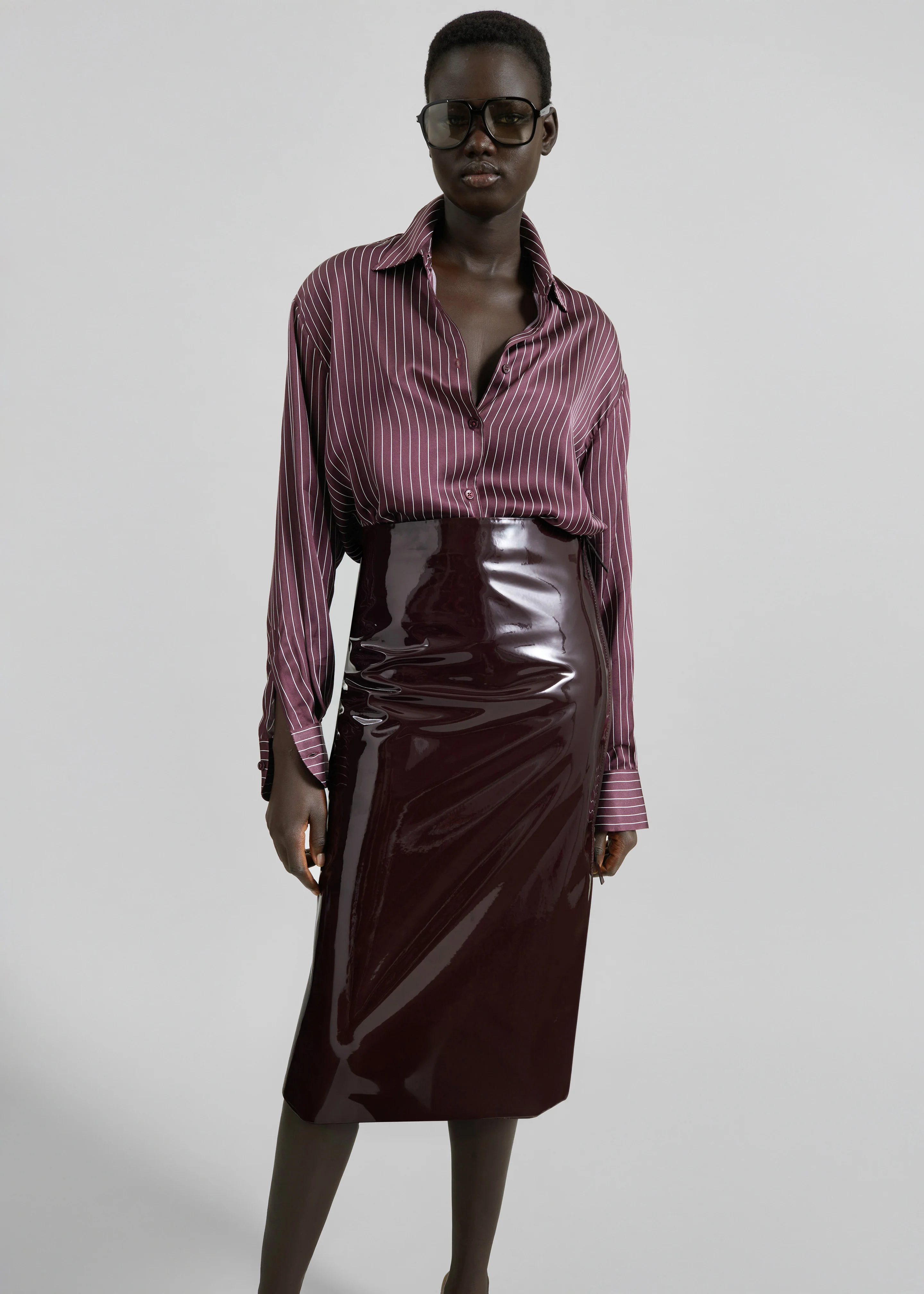 Peri Satin Fluid Shirt - Burgundy/White Pinstripe - Image 7