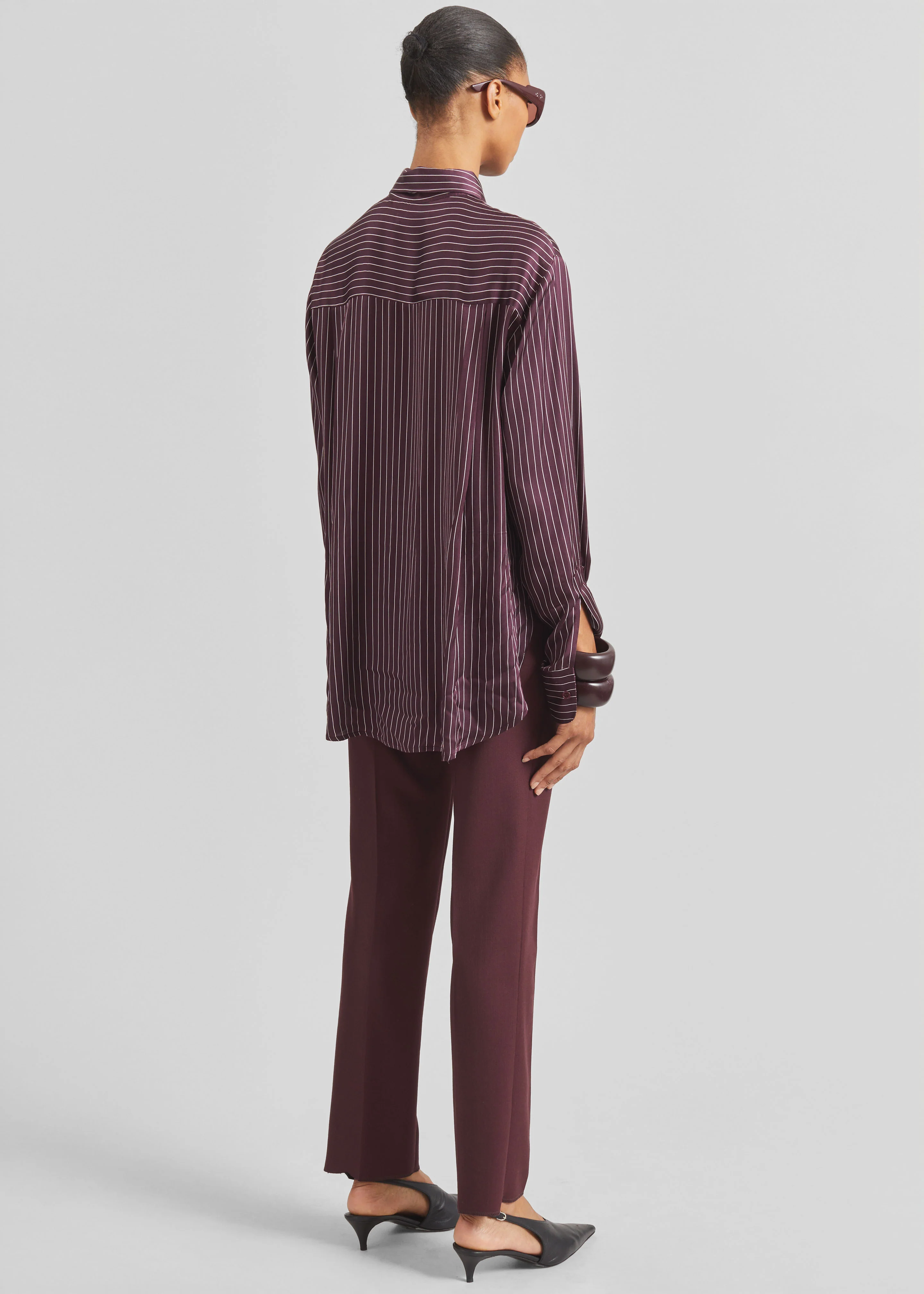Peri Satin Fluid Shirt - Burgundy/White Pinstripe - Image 8
